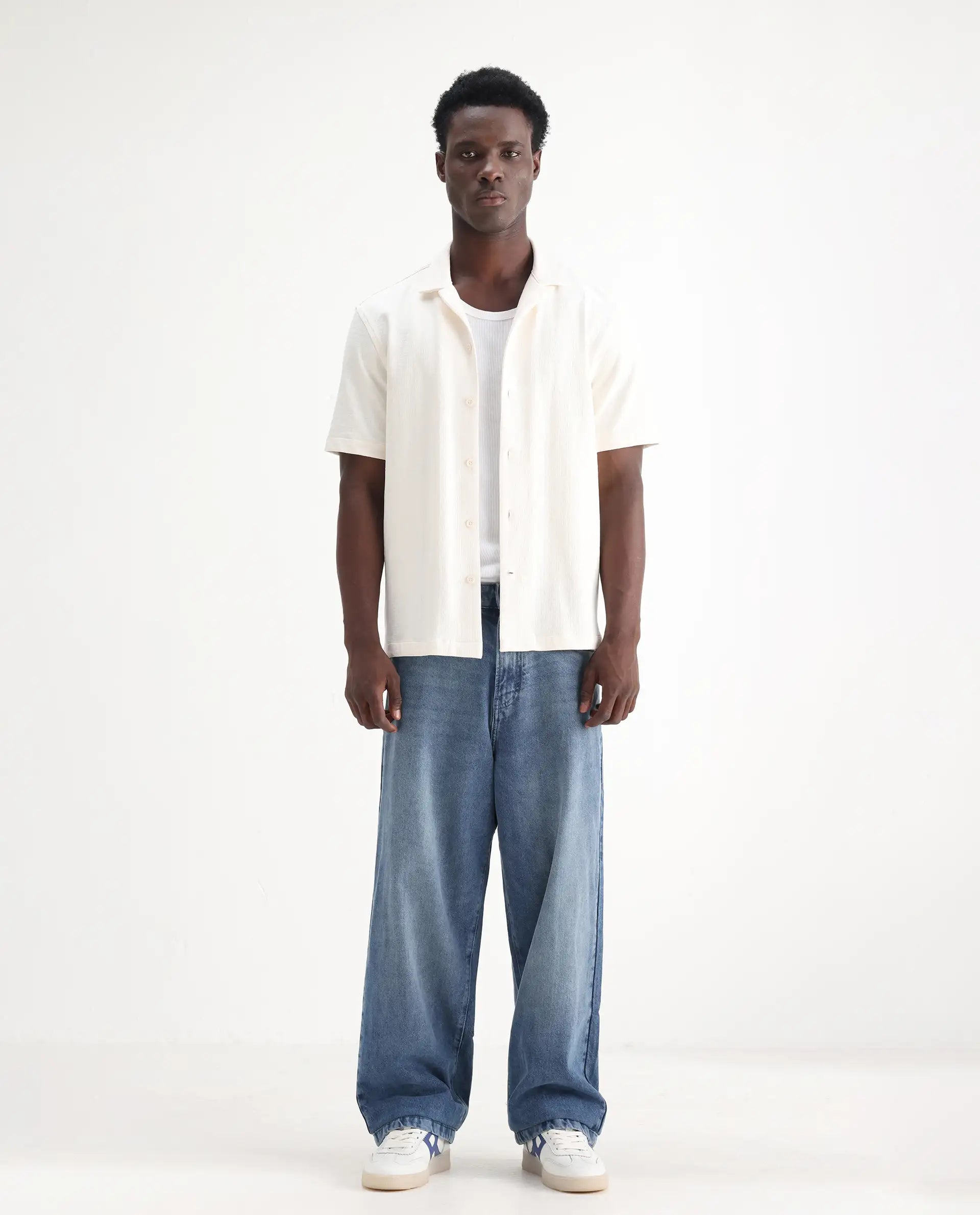 Rare Rabbit Men's Bron Blue Cotton Plain Baggy Fit Jeans