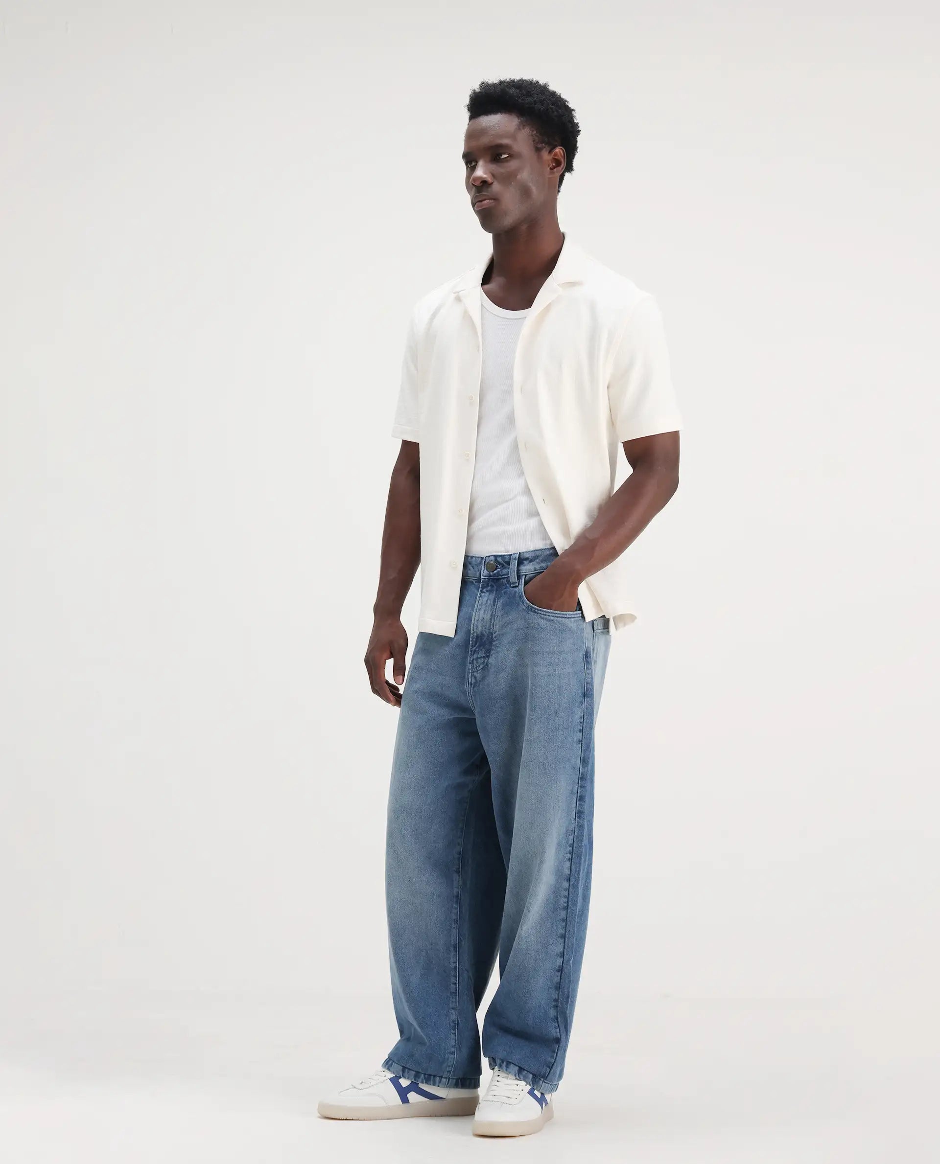 Rare Rabbit Men's Bron Blue Cotton Plain Baggy Fit Jeans