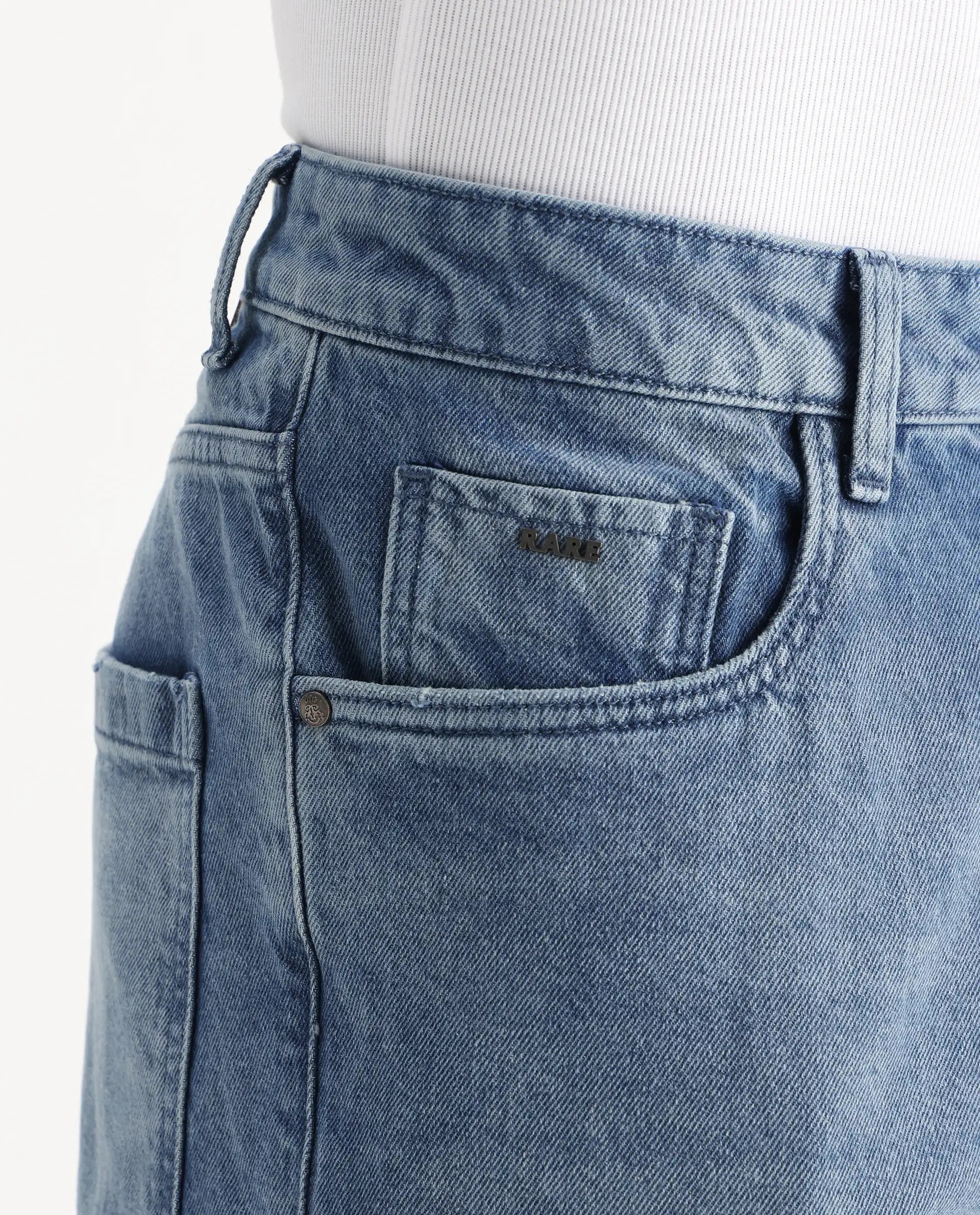 Rare Rabbit Men's Bron Blue Cotton Plain Baggy Fit Jeans