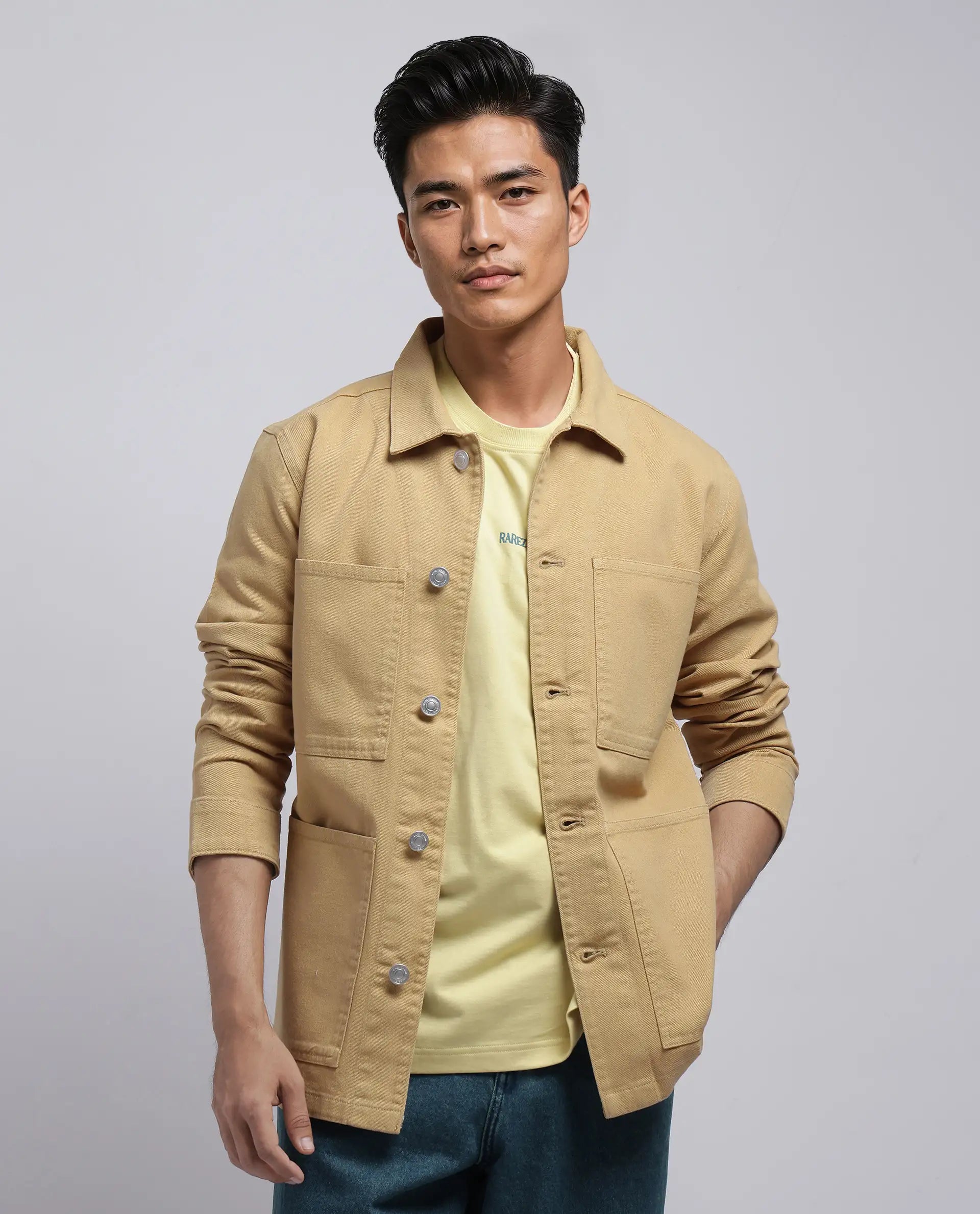 Rare Rabbit Men Brond Beige Cotton Fabric Full Sleeves Collared Neck Zipper Closure Plain Jacket