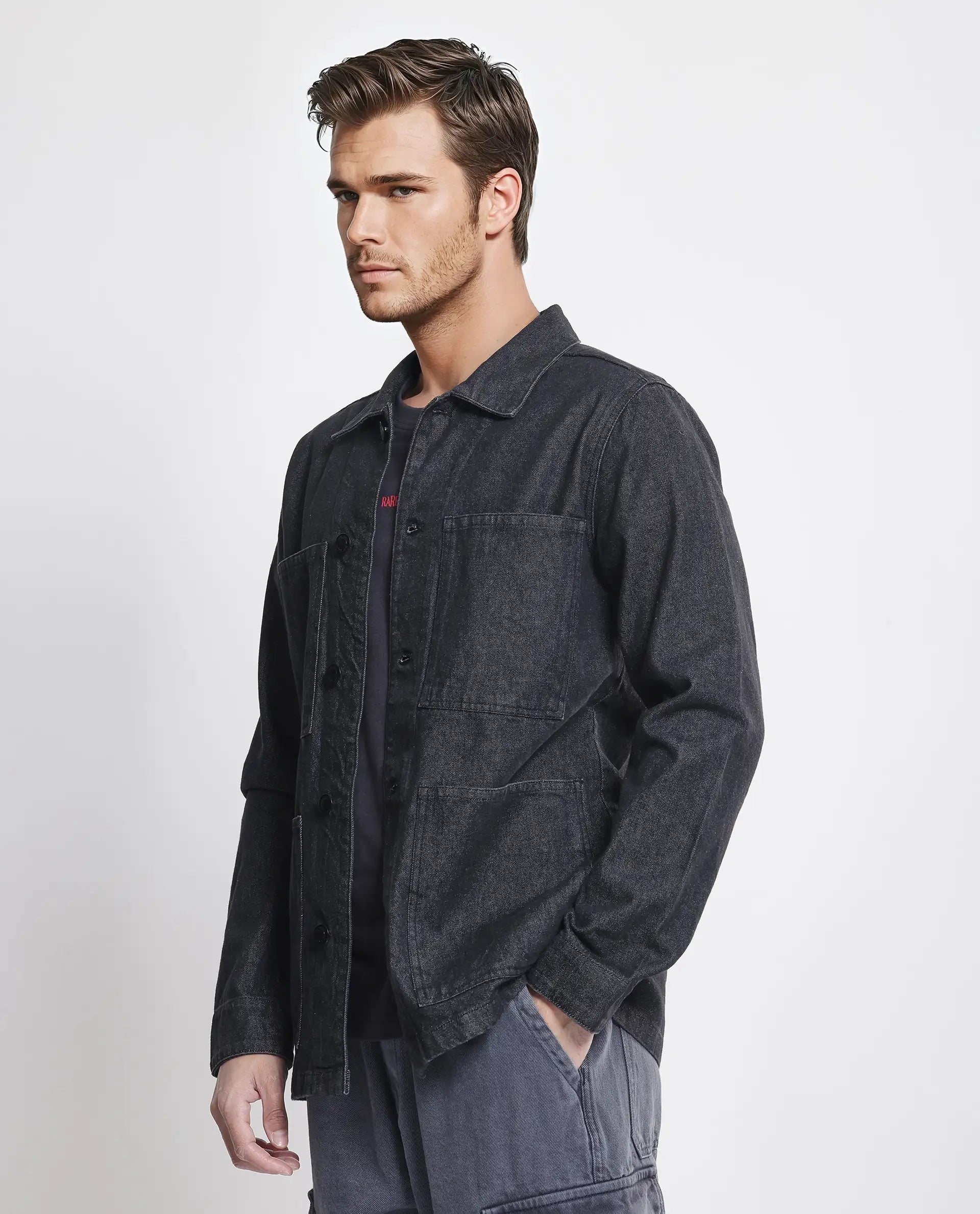 Rare Rabbit Men Brond Black Cotton Fabric Full Sleeves Collared Neck Zipper Closure Plain Jacket