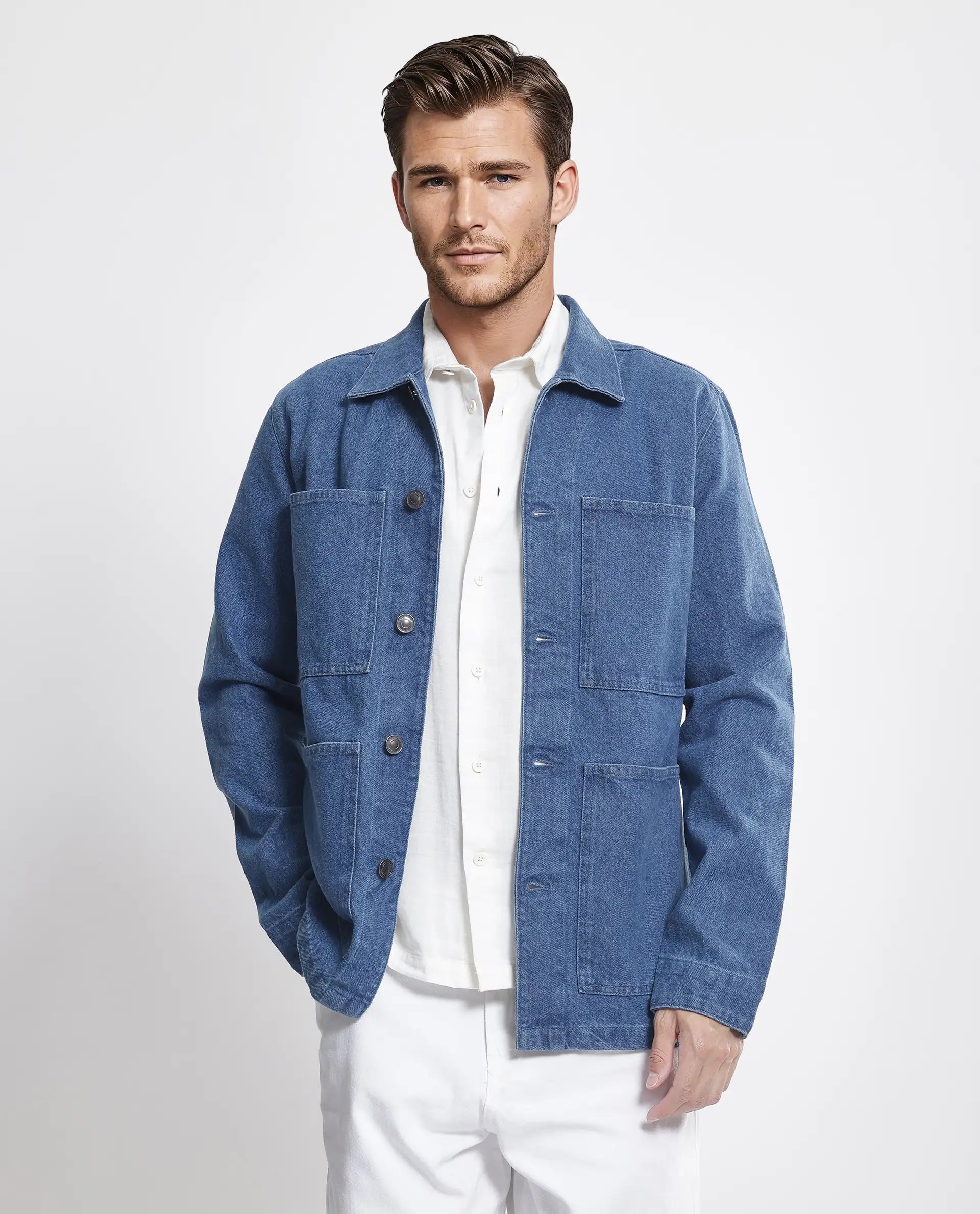 Rare Rabbit Men Brond Blue Cotton Fabric Full Sleeves Collared Neck Zipper Closure Plain Jacket