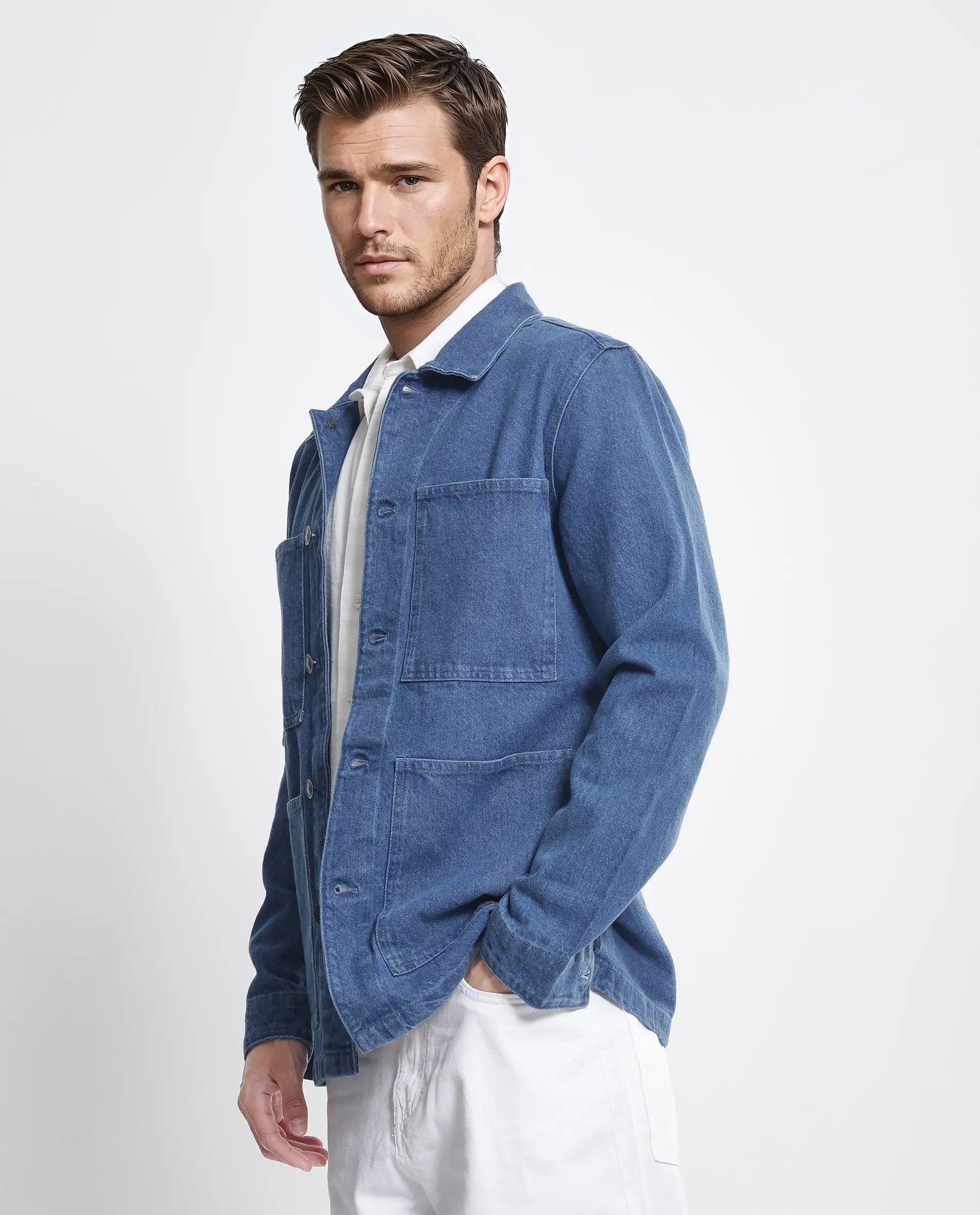 Rare Rabbit Men Brond Blue Cotton Fabric Full Sleeves Collared Neck Zipper Closure Plain Jacket