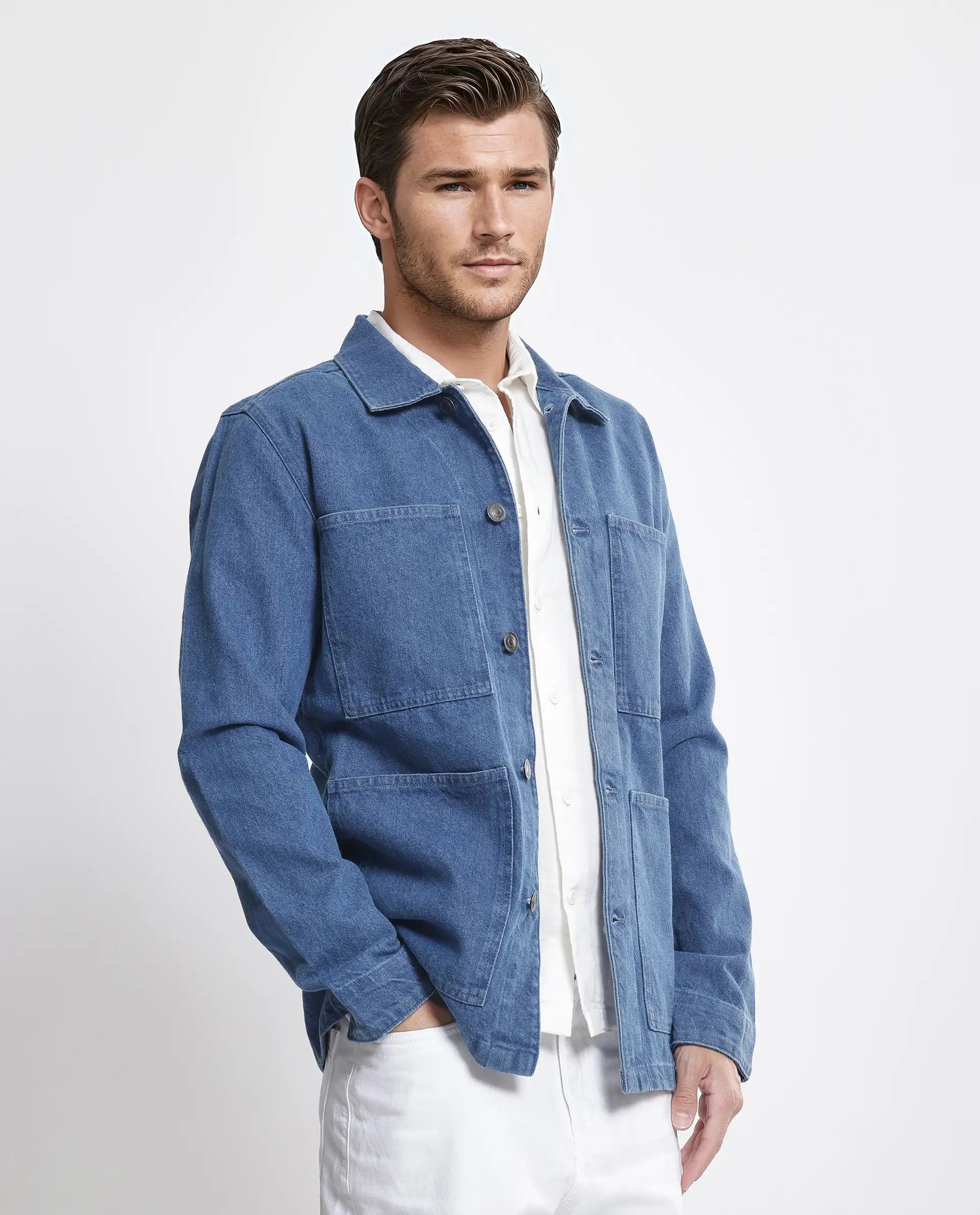 Rare Rabbit Men Brond Blue Cotton Fabric Full Sleeves Collared Neck Zipper Closure Plain Jacket