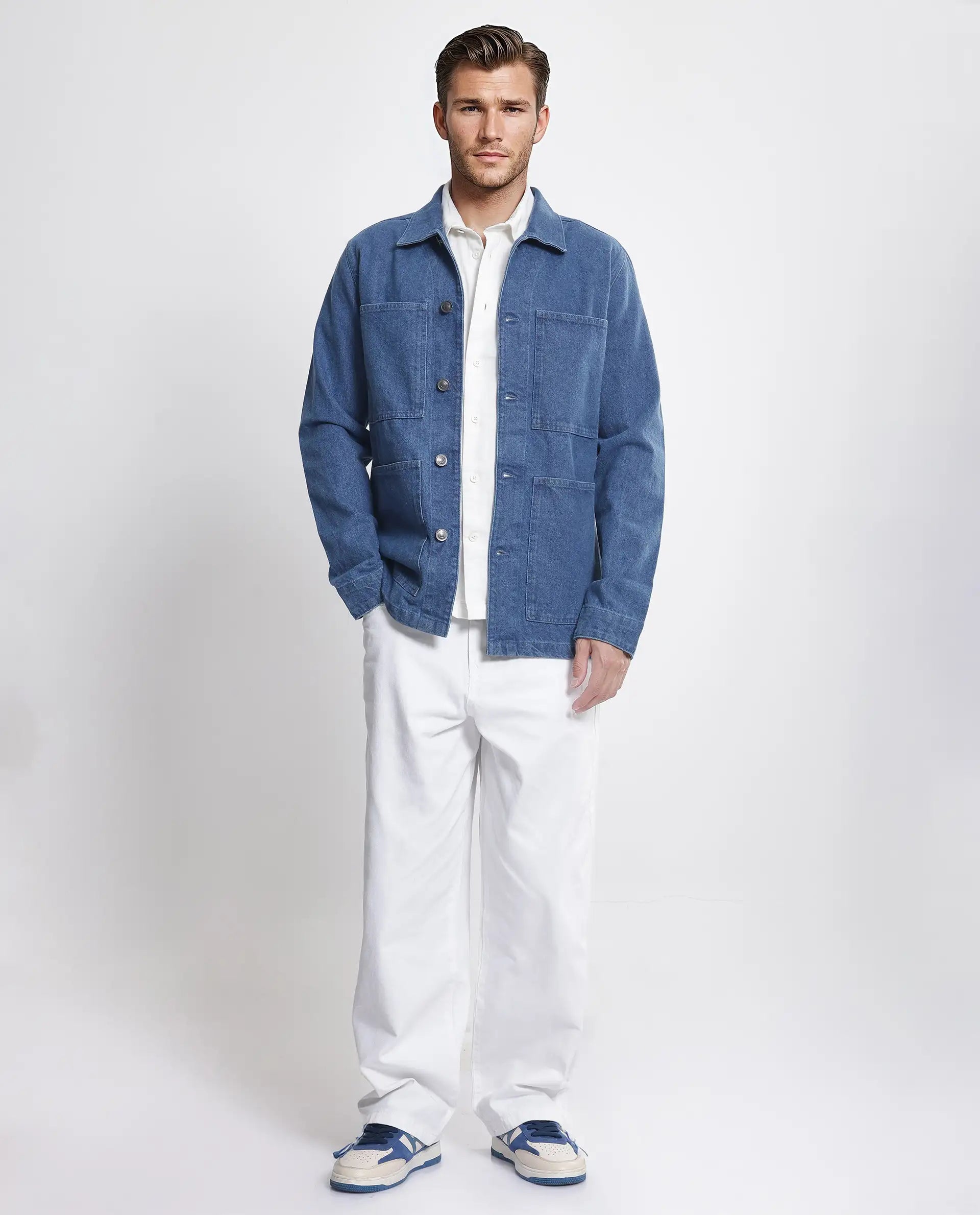 Rare Rabbit Men Brond Blue Cotton Fabric Full Sleeves Collared Neck Zipper Closure Plain Jacket