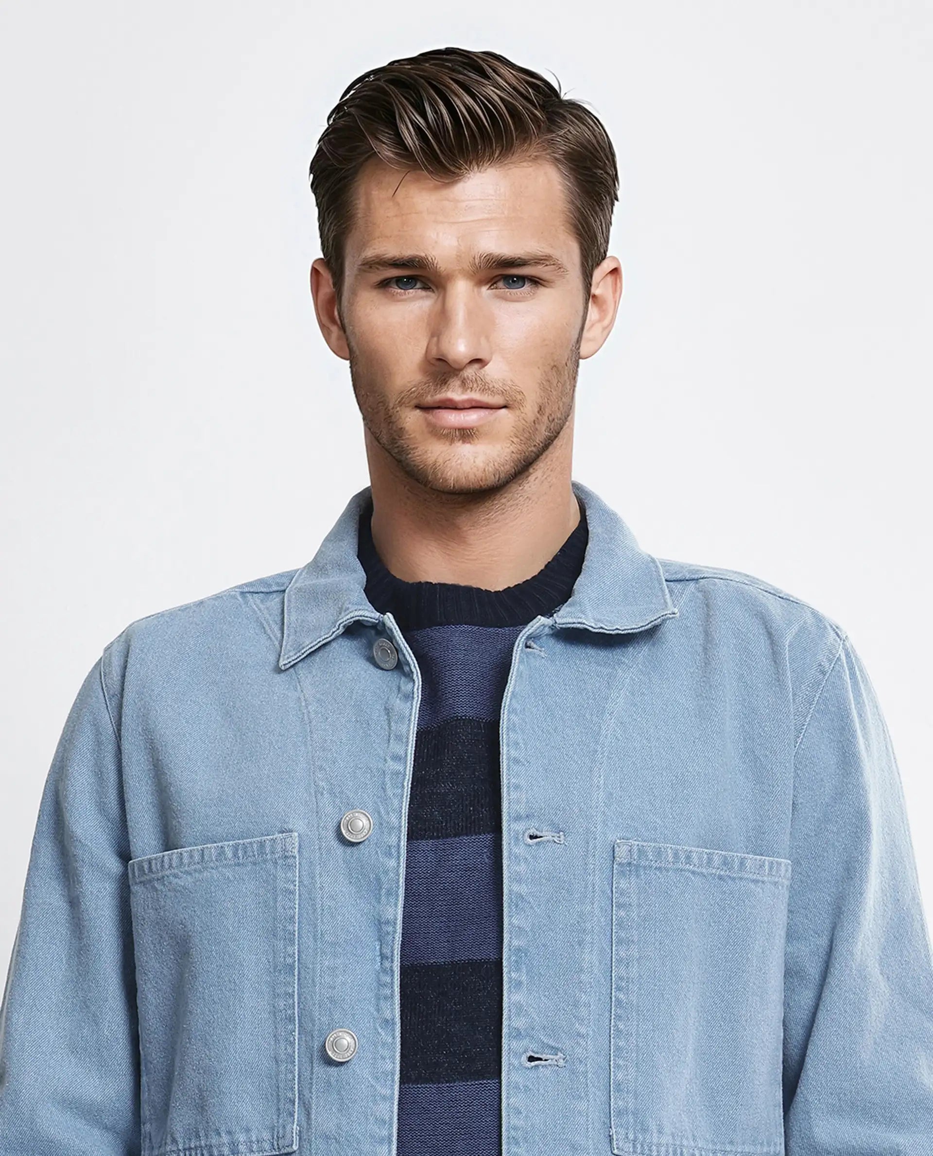 Rare Rabbit Men Brond Light Blue Cotton Fabric Full Sleeves Collared Neck Zipper Closure Plain Jacket