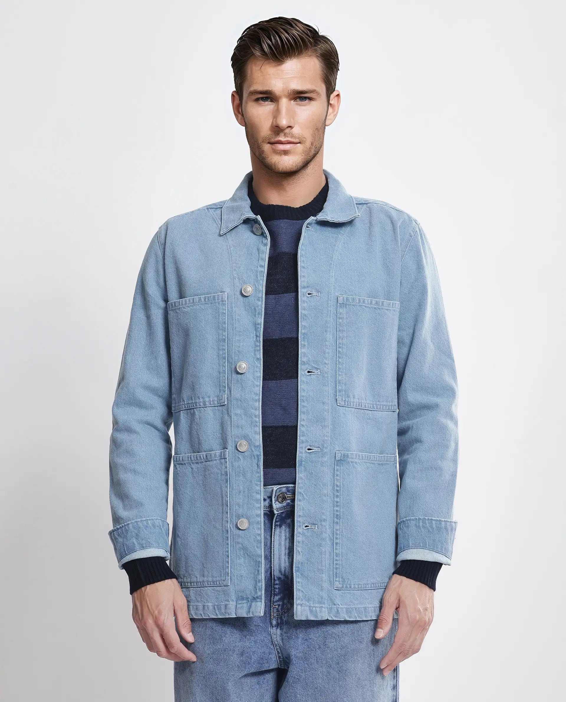 Rare Rabbit Men Brond Light Blue Cotton Fabric Full Sleeves Collared Neck Zipper Closure Plain Jacket