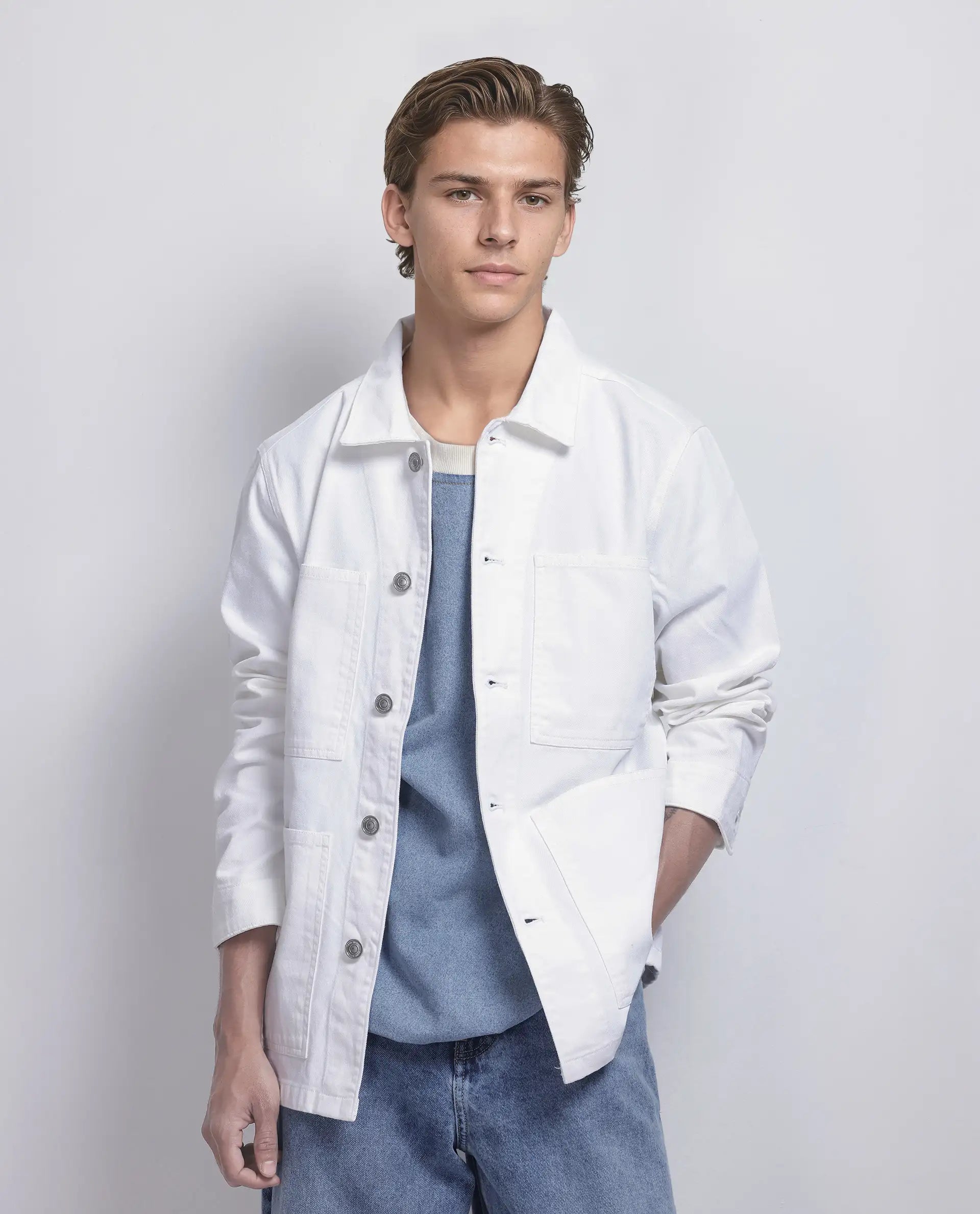 Rare Rabbit Men Brond White Cotton Fabric Full Sleeves Collared Neck Zipper Closure Plain Jacket