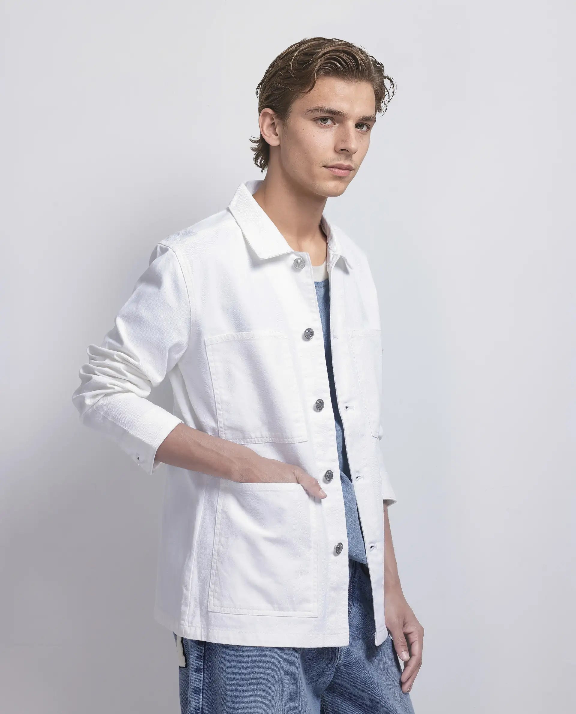 Rare Rabbit Men Brond White Cotton Fabric Full Sleeves Collared Neck Zipper Closure Plain Jacket