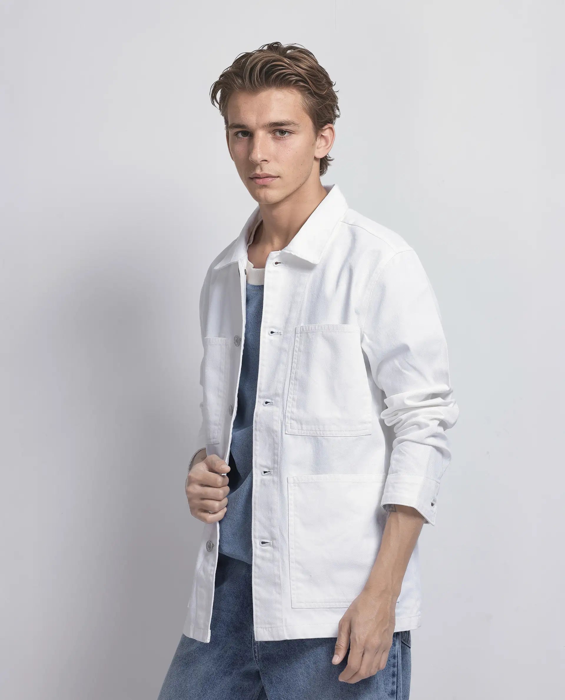 Rare Rabbit Men Brond White Cotton Fabric Full Sleeves Collared Neck Zipper Closure Plain Jacket