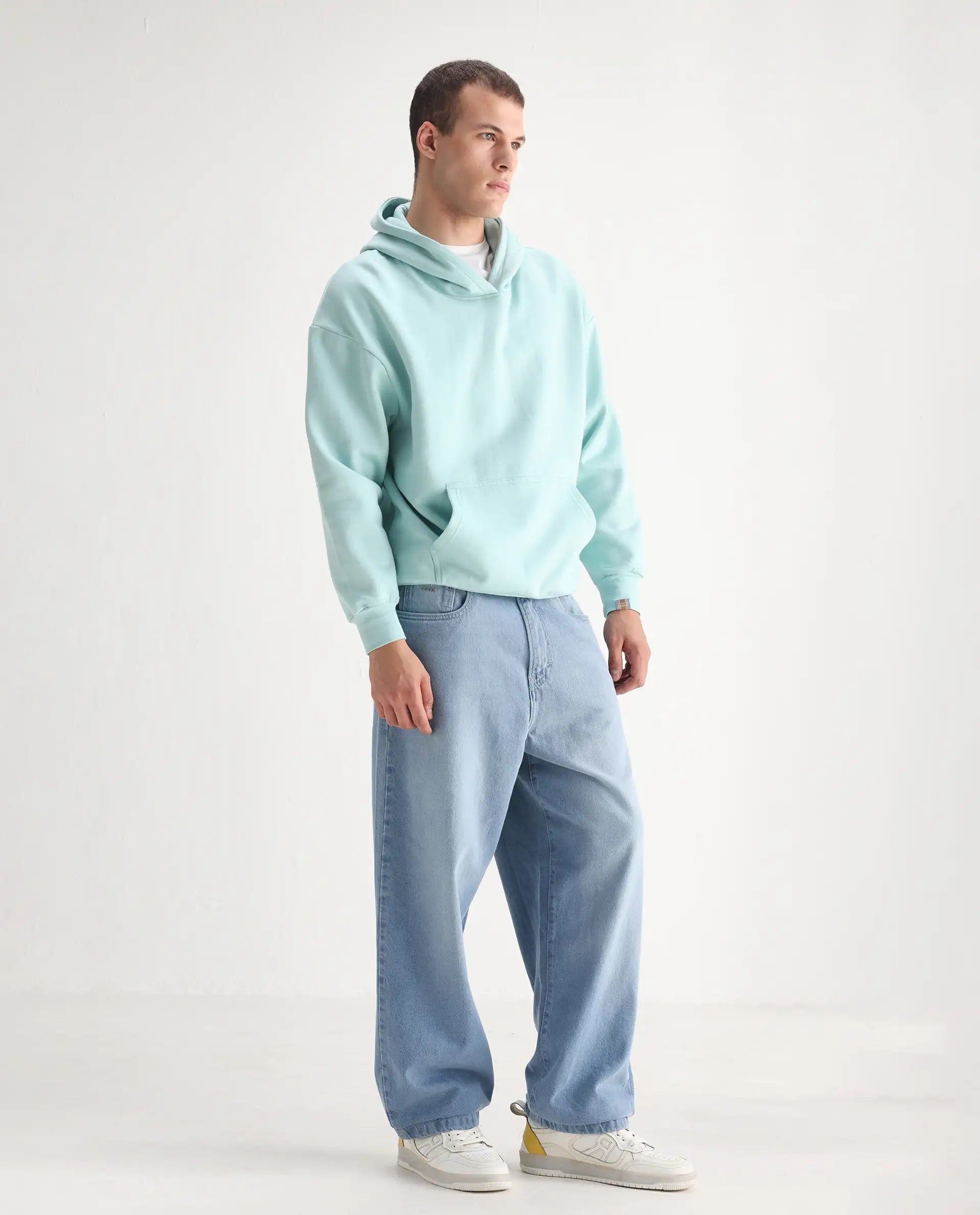 Rare Rabbit Men's Bron Light Blue Cotton Plain Baggy Fit Jeans