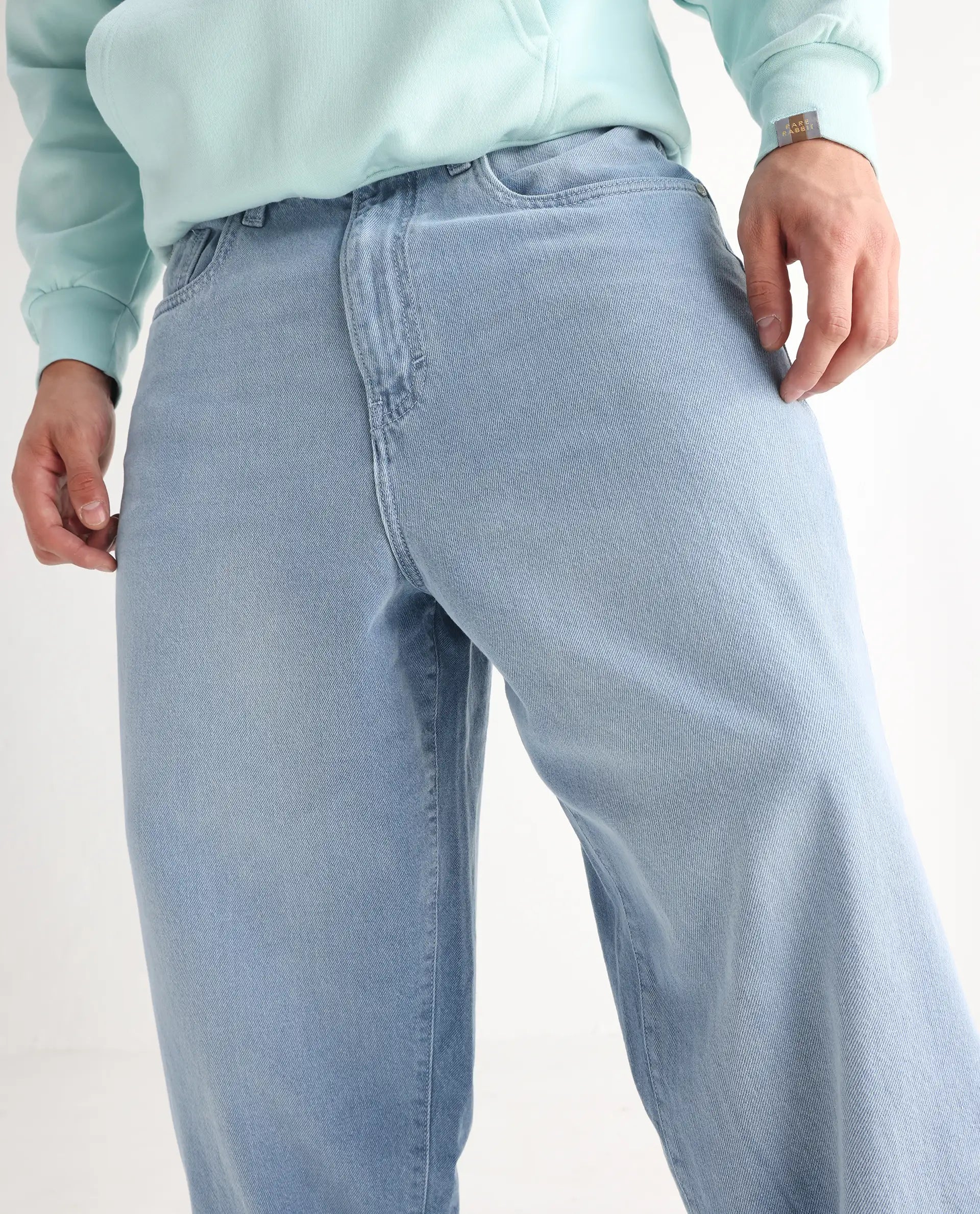 Rare Rabbit Men's Bron Light Blue Cotton Plain Baggy Fit Jeans