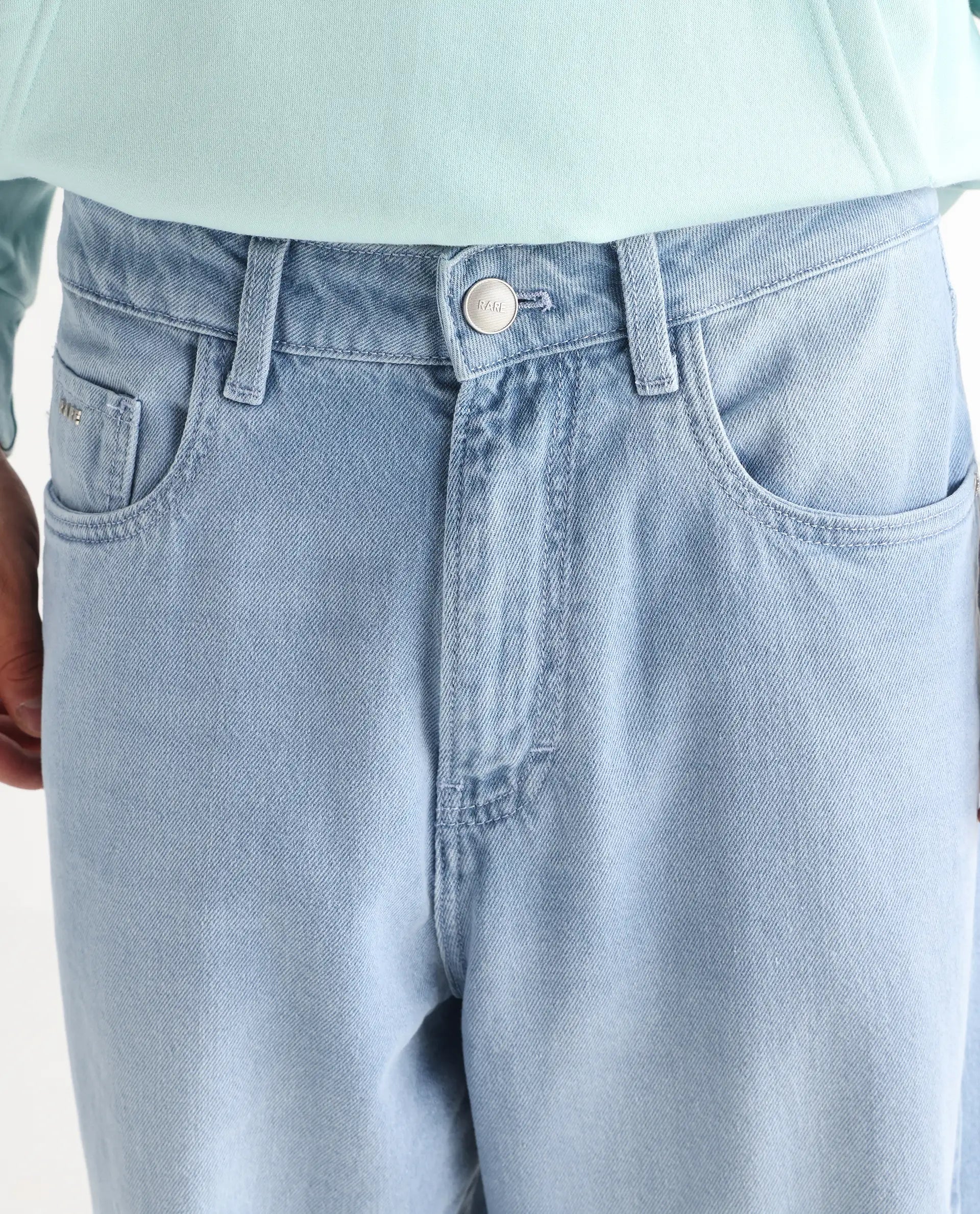 Rare Rabbit Men's Bron Light Blue Cotton Plain Baggy Fit Jeans