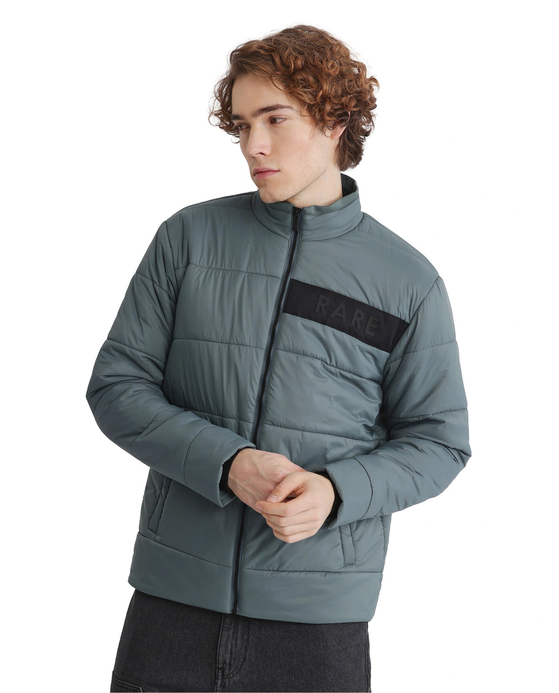 Rare Rabbit Men's Bront Dusky Nylon Fabric Full Sleeve High Neck Collar Zipper Closure Regular Fit HD Print Branding Jacket