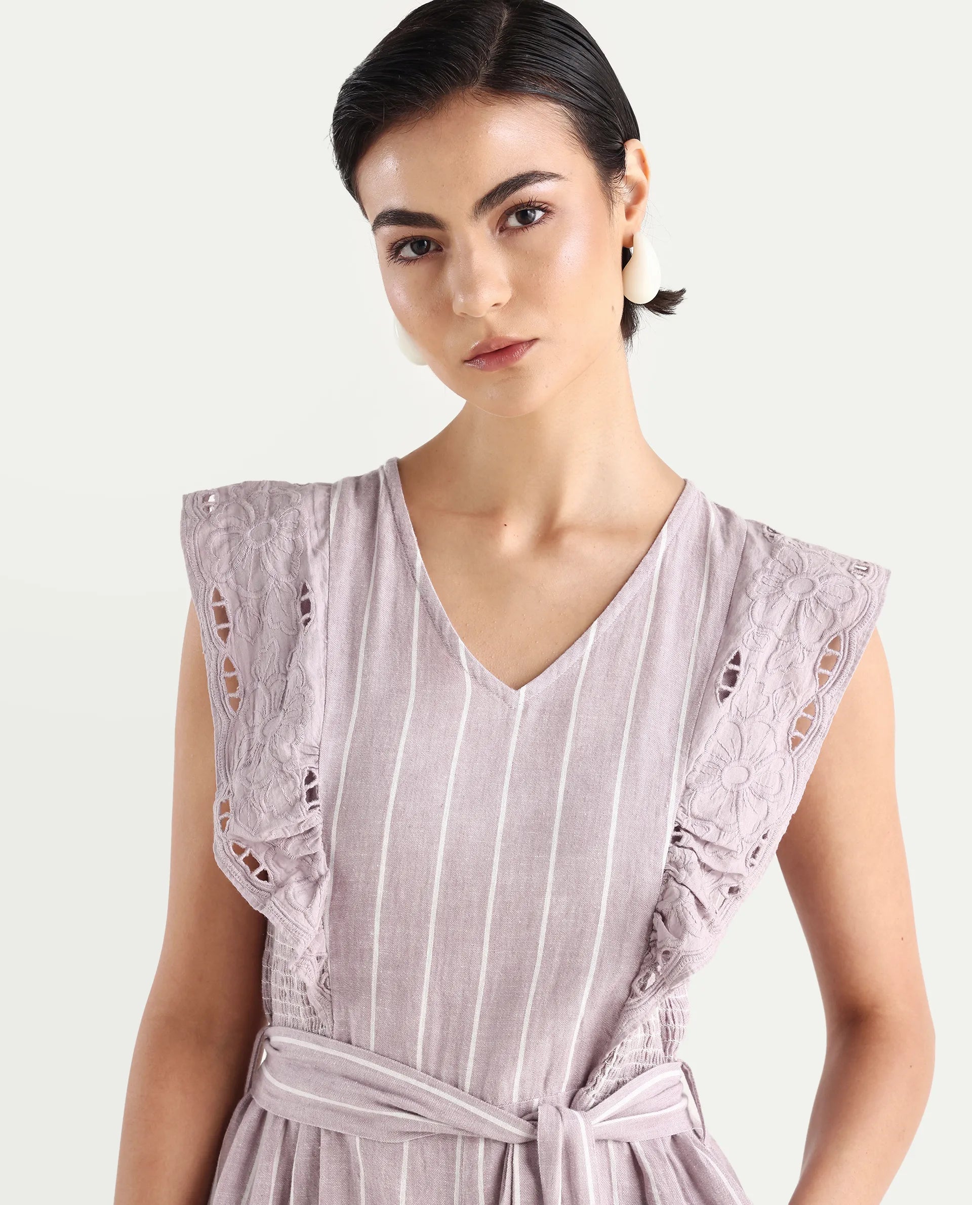 Rareism Women's Bronte Purple Linen V-Neck Striped Sleeveless Regular Fit Playsuit