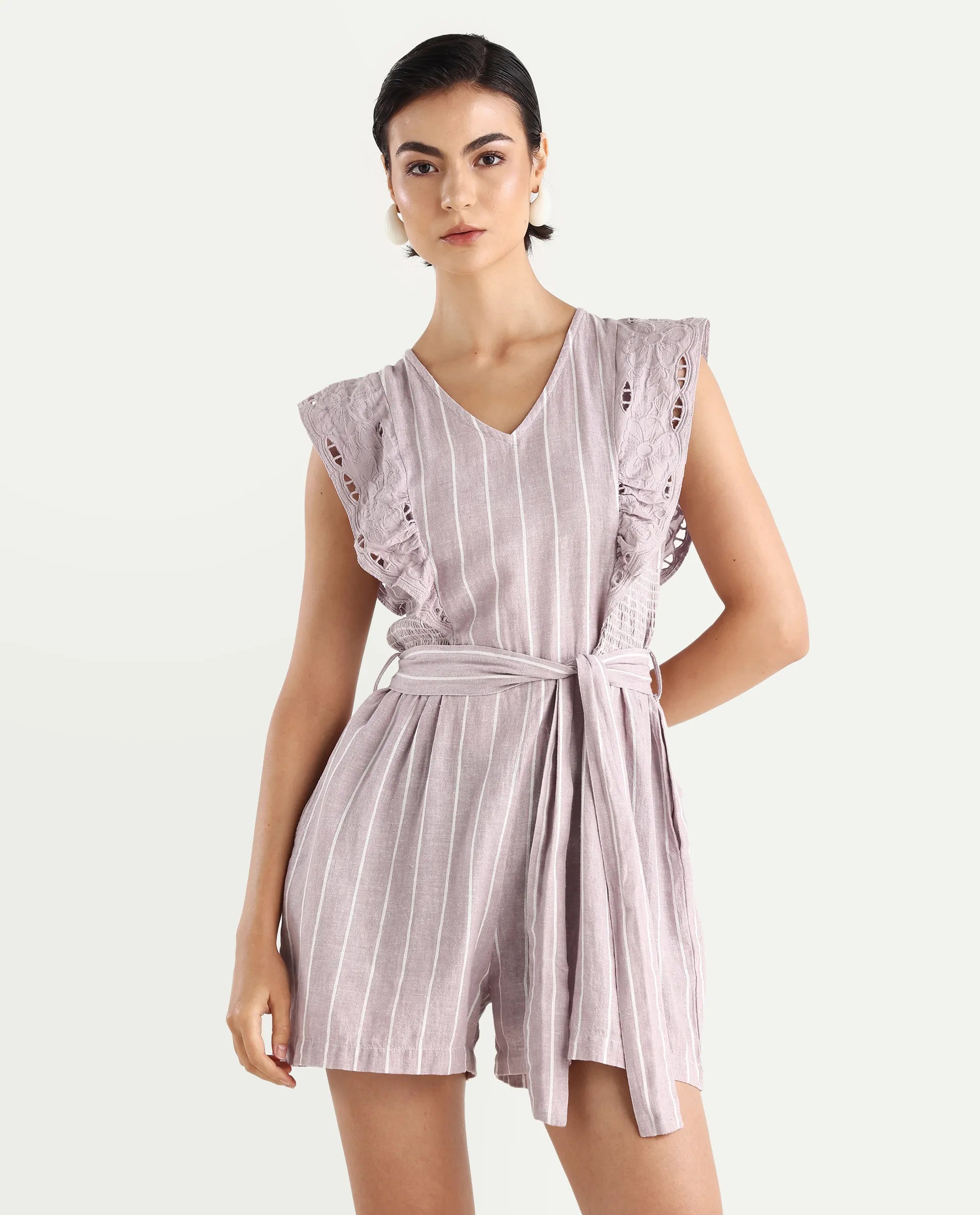 Rareism Women's Bronte Purple Linen V-Neck Striped Sleeveless Regular Fit Playsuit