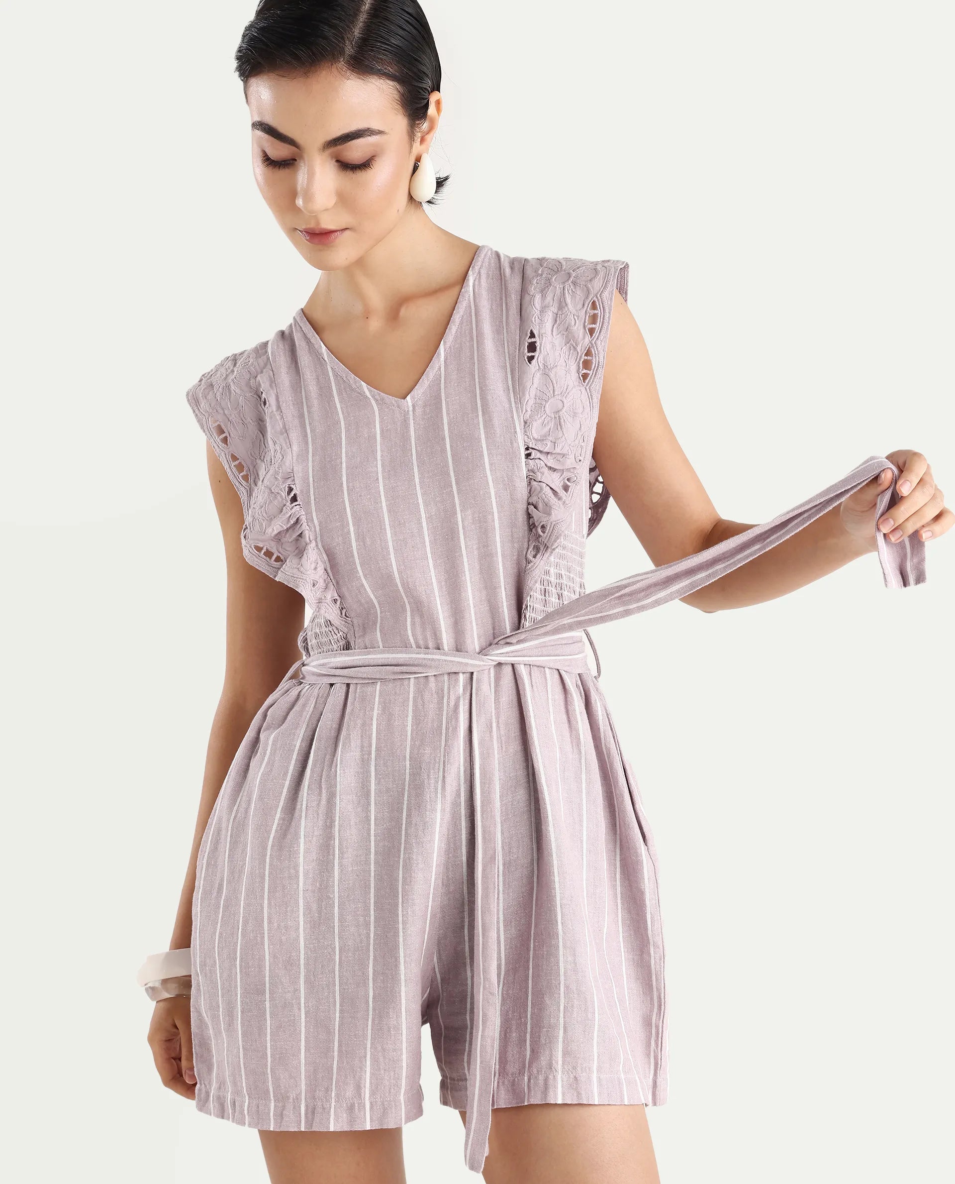Rareism Women's Bronte Purple Linen V-Neck Striped Sleeveless Regular Fit Playsuit