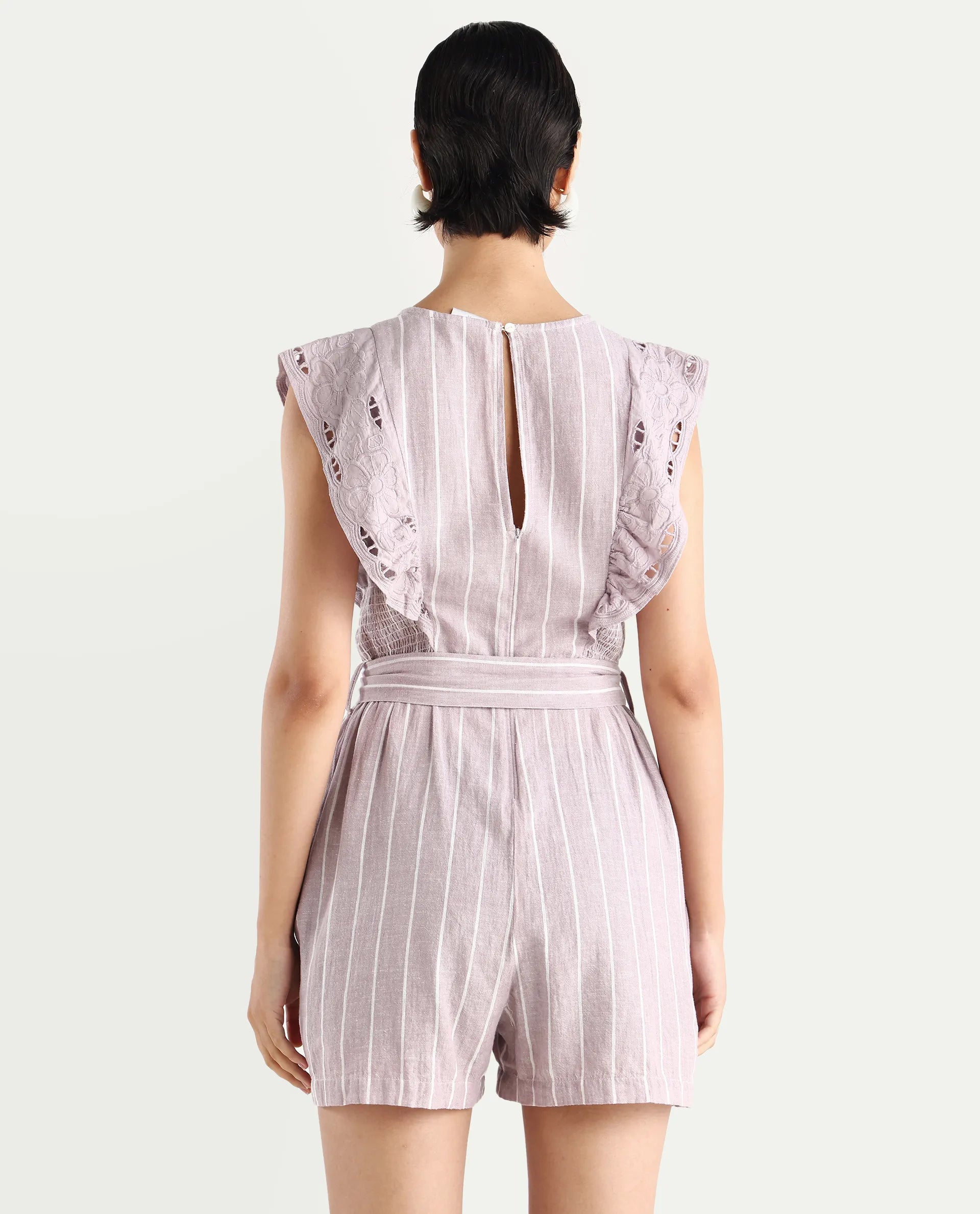 Rareism Women's Bronte Purple Linen V-Neck Striped Sleeveless Regular Fit Playsuit