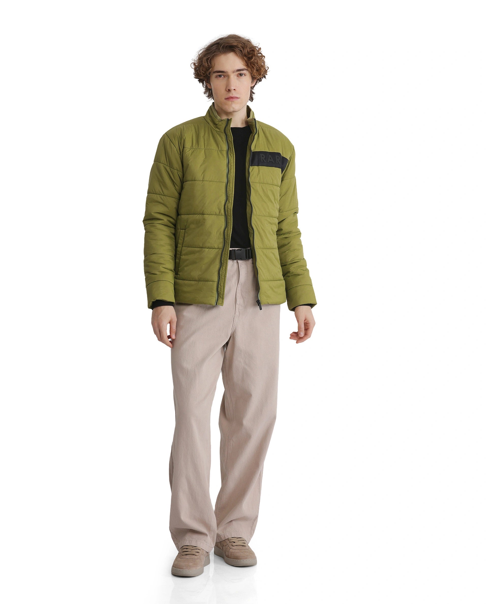 Rare Rabbit Men's Bront Flouroscent Green Nylon Fabric Full Sleeve Curved Collar Regular Fit Plain Jacket