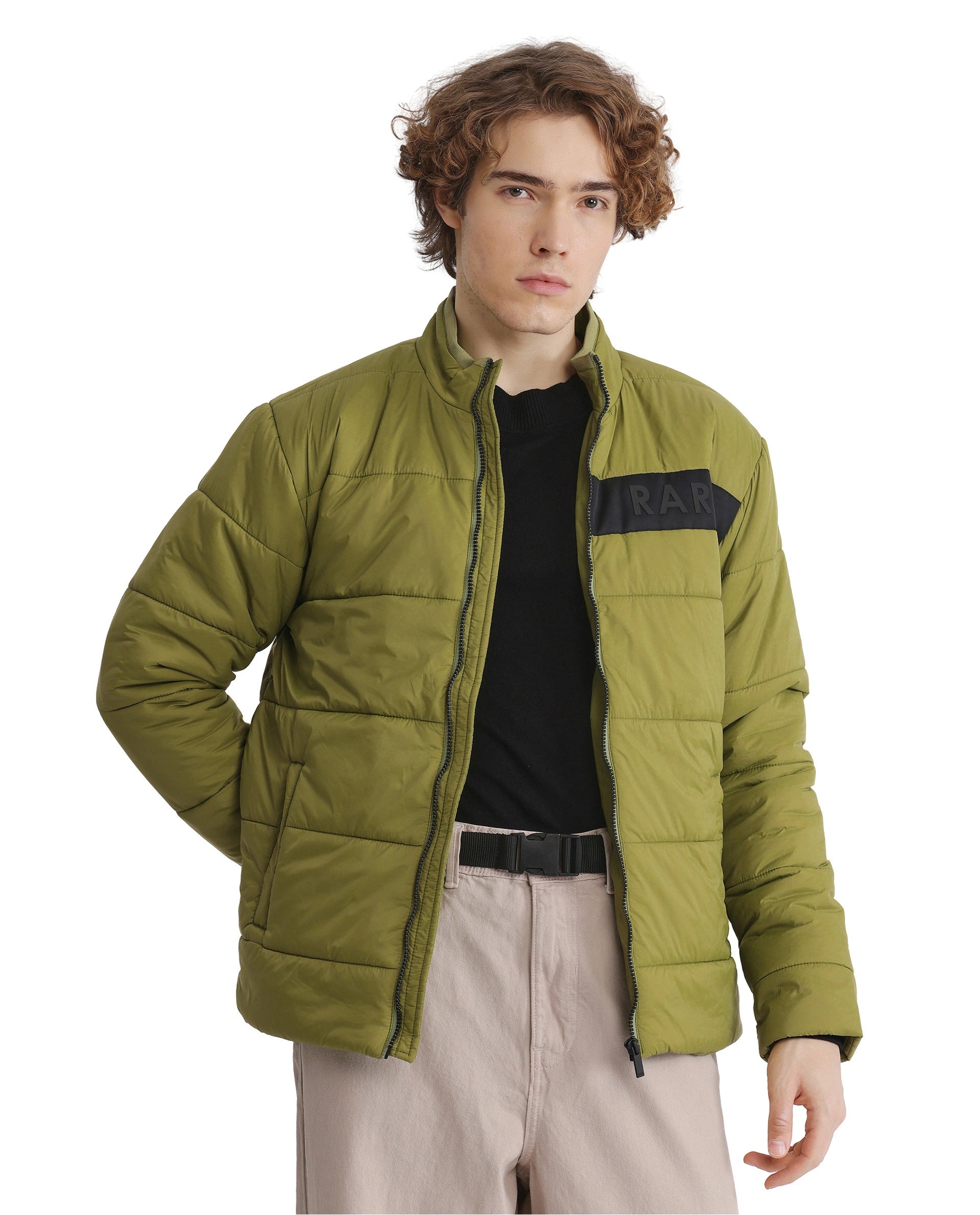Rare Rabbit Men's Bront Flouroscent Green Nylon Fabric Full Sleeve Curved Collar Regular Fit Plain Jacket