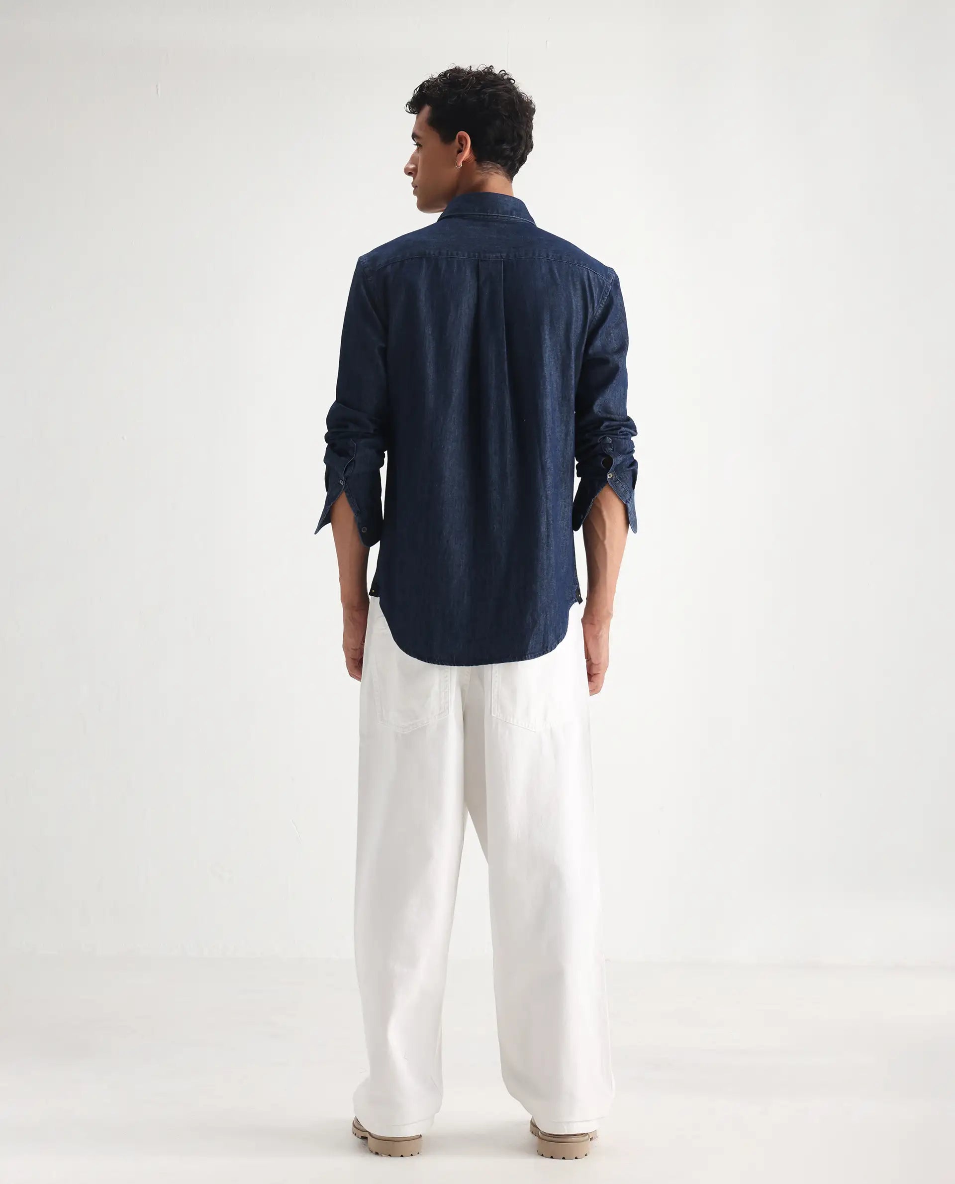 Rare Rabbit Men's Bron White Cotton Plain Baggy Fit Jeans