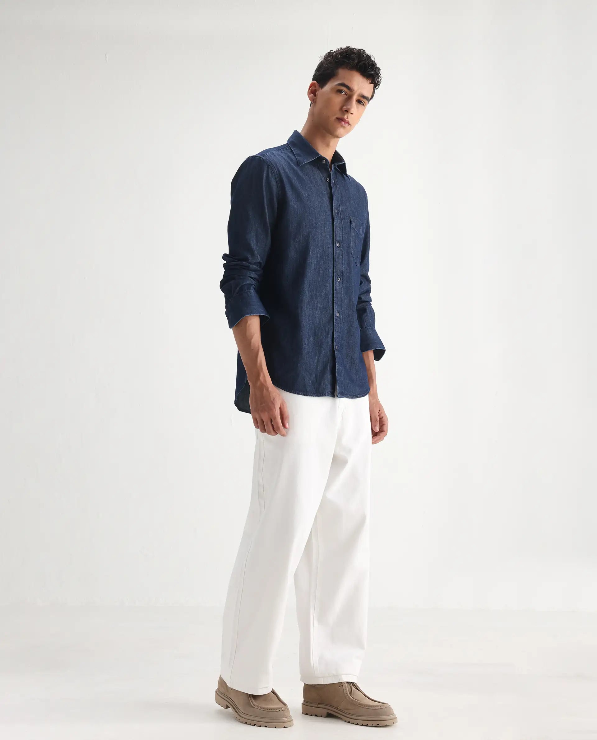 Rare Rabbit Men's Bron White Cotton Plain Baggy Fit Jeans