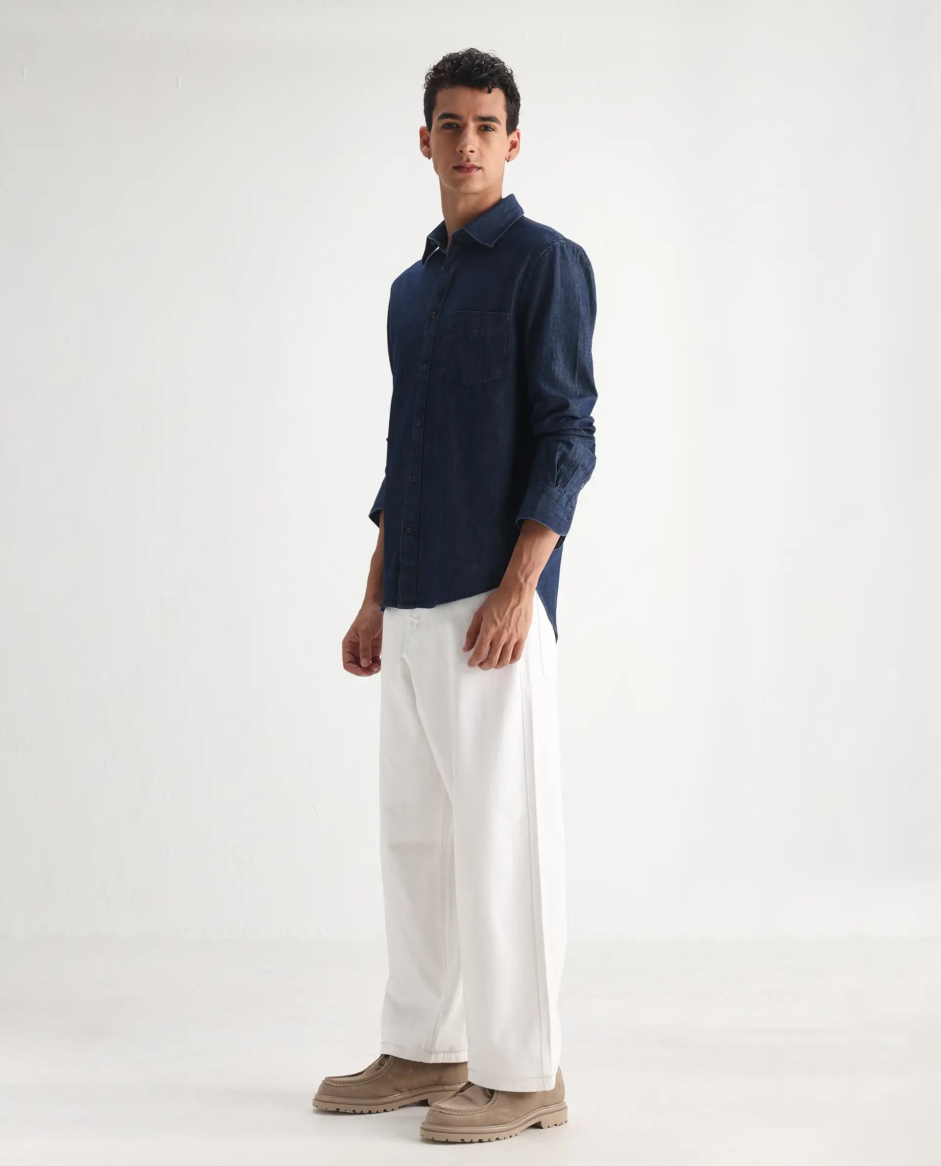 Rare Rabbit Men's Bron White Cotton Plain Baggy Fit Jeans