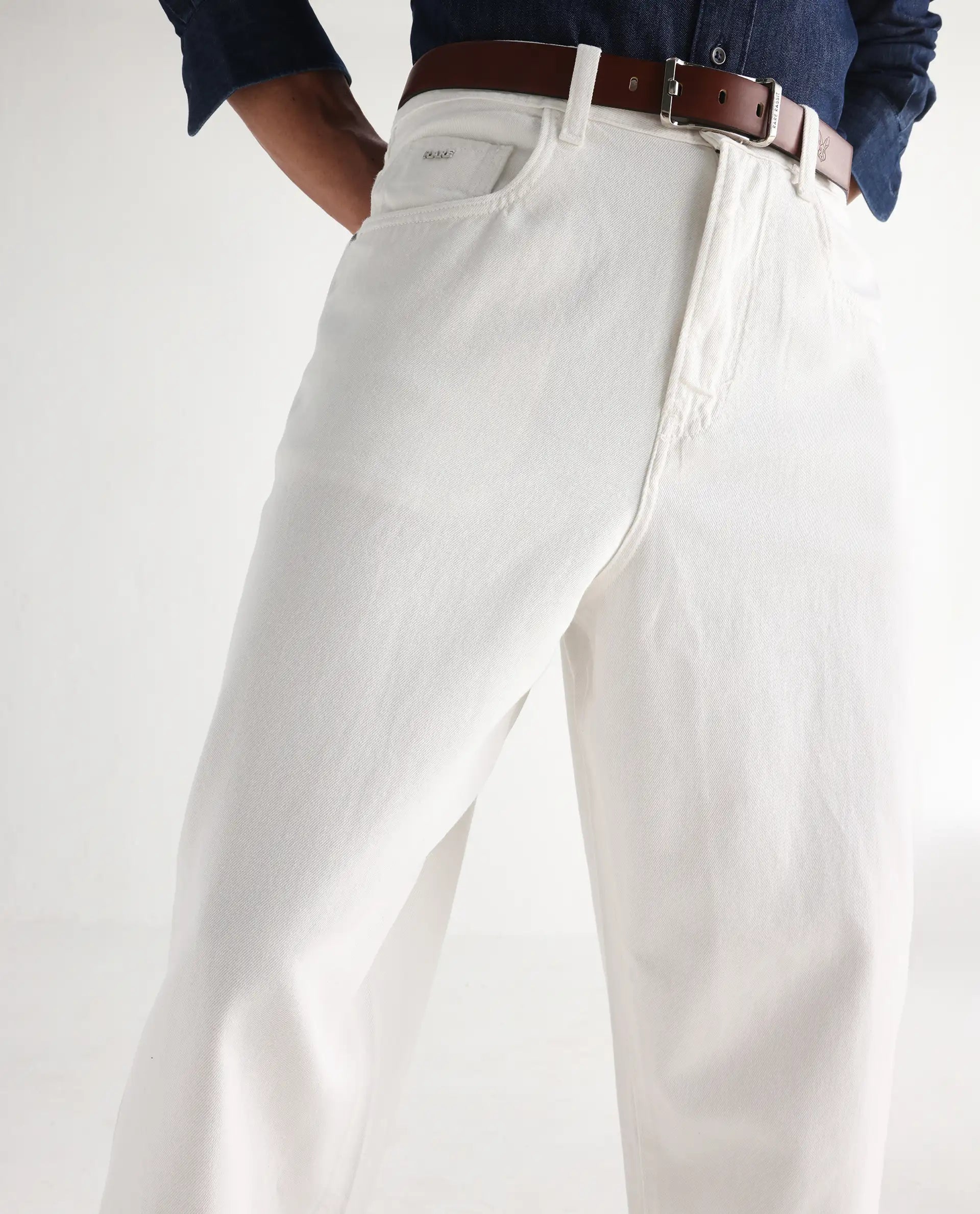 Rare Rabbit Men's Bron White Cotton Plain Baggy Fit Jeans