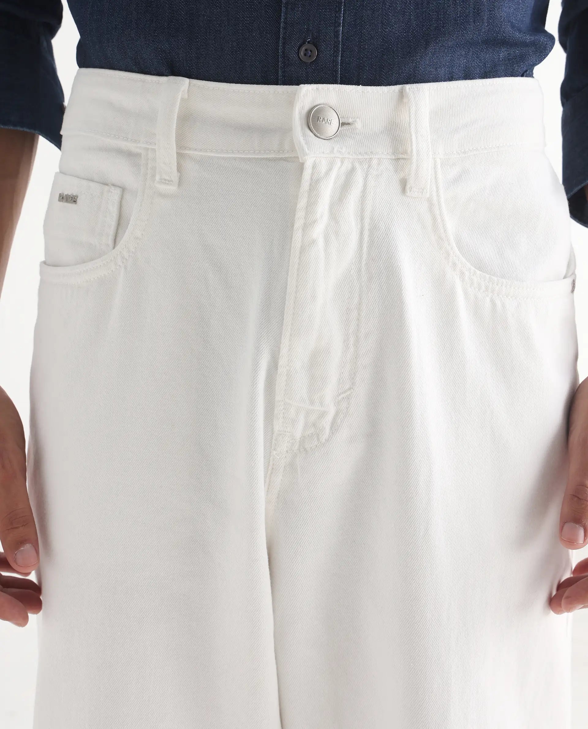 Rare Rabbit Men's Bron White Cotton Plain Baggy Fit Jeans