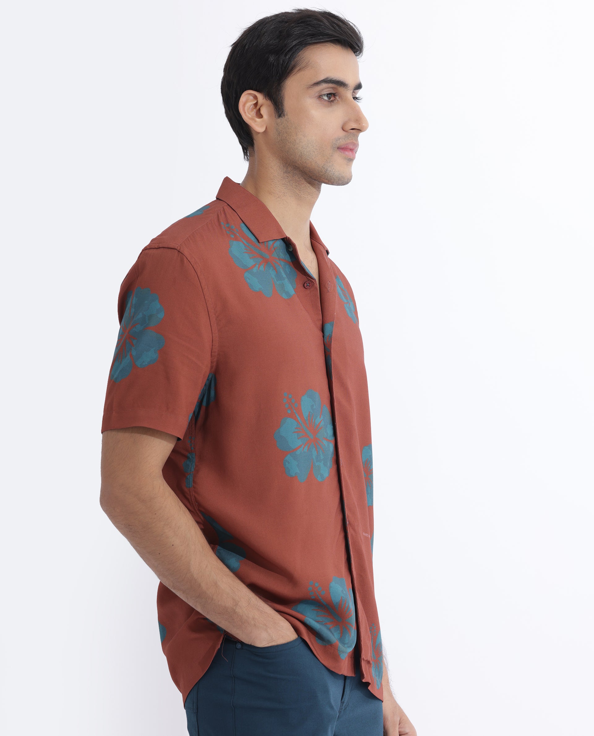 Rare Rabbit Men's Bronzac Brown Viscose Fabric Cuban Collar Floral Print Half Sleeves Shirt