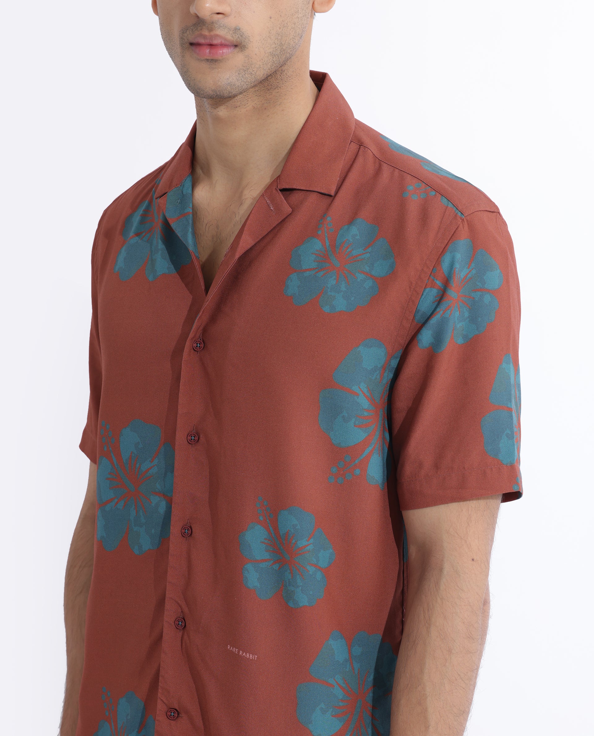 Rare Rabbit Men's Bronzac Brown Viscose Fabric Cuban Collar Floral Print Half Sleeves Shirt