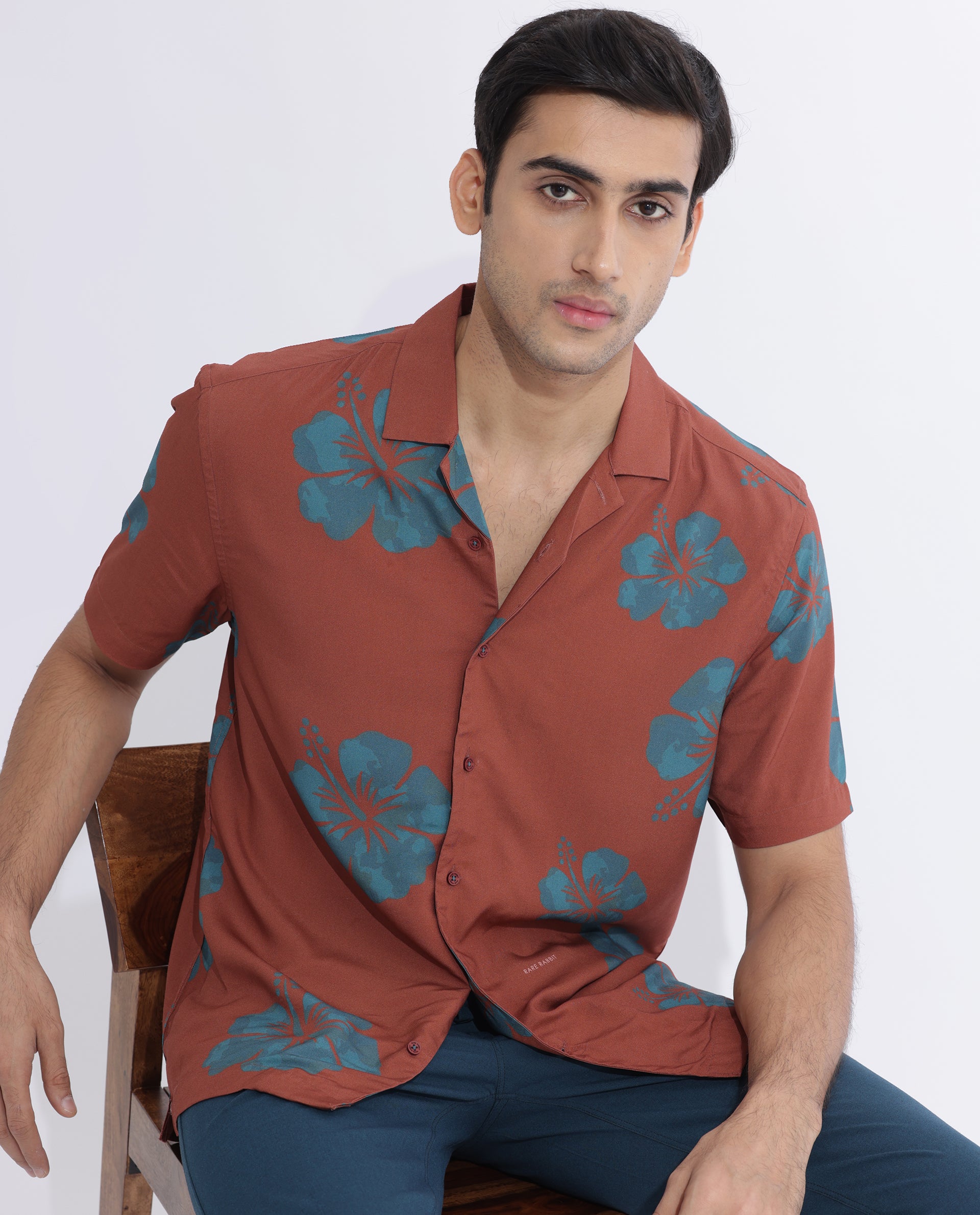 Rare Rabbit Men's Bronzac Brown Viscose Fabric Cuban Collar Floral Print Half Sleeves Shirt