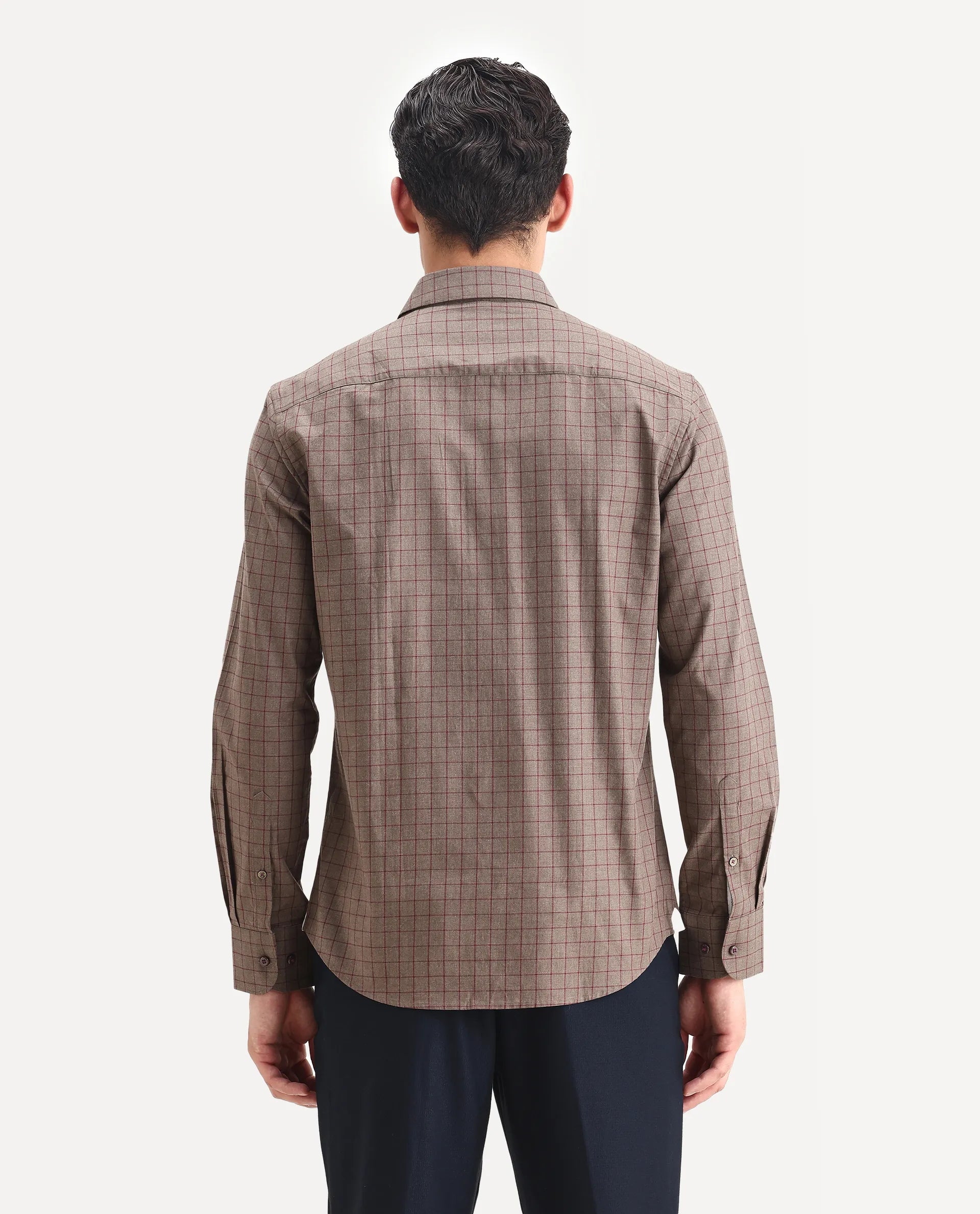 Rare Rabbit Men's Bronz Brown Cotton Checked Print Regular Fit Full Sleeve Collared Shirt