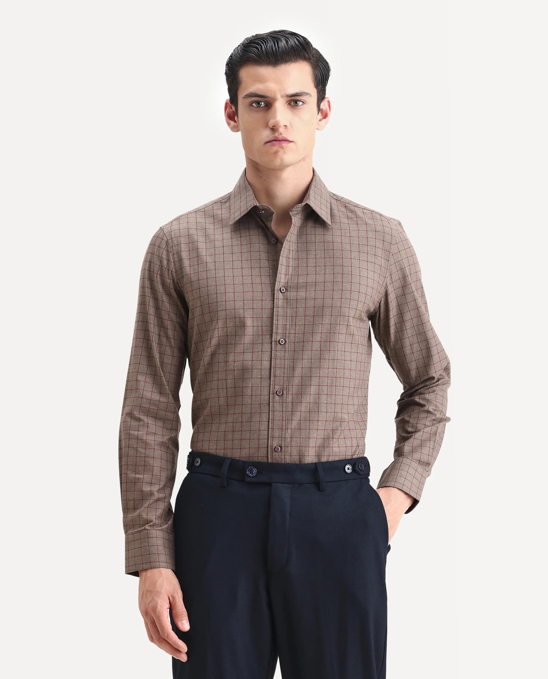 Rare Rabbit Men's Bronz Brown Cotton Checked Print Regular Fit Full Sleeve Collared Shirt