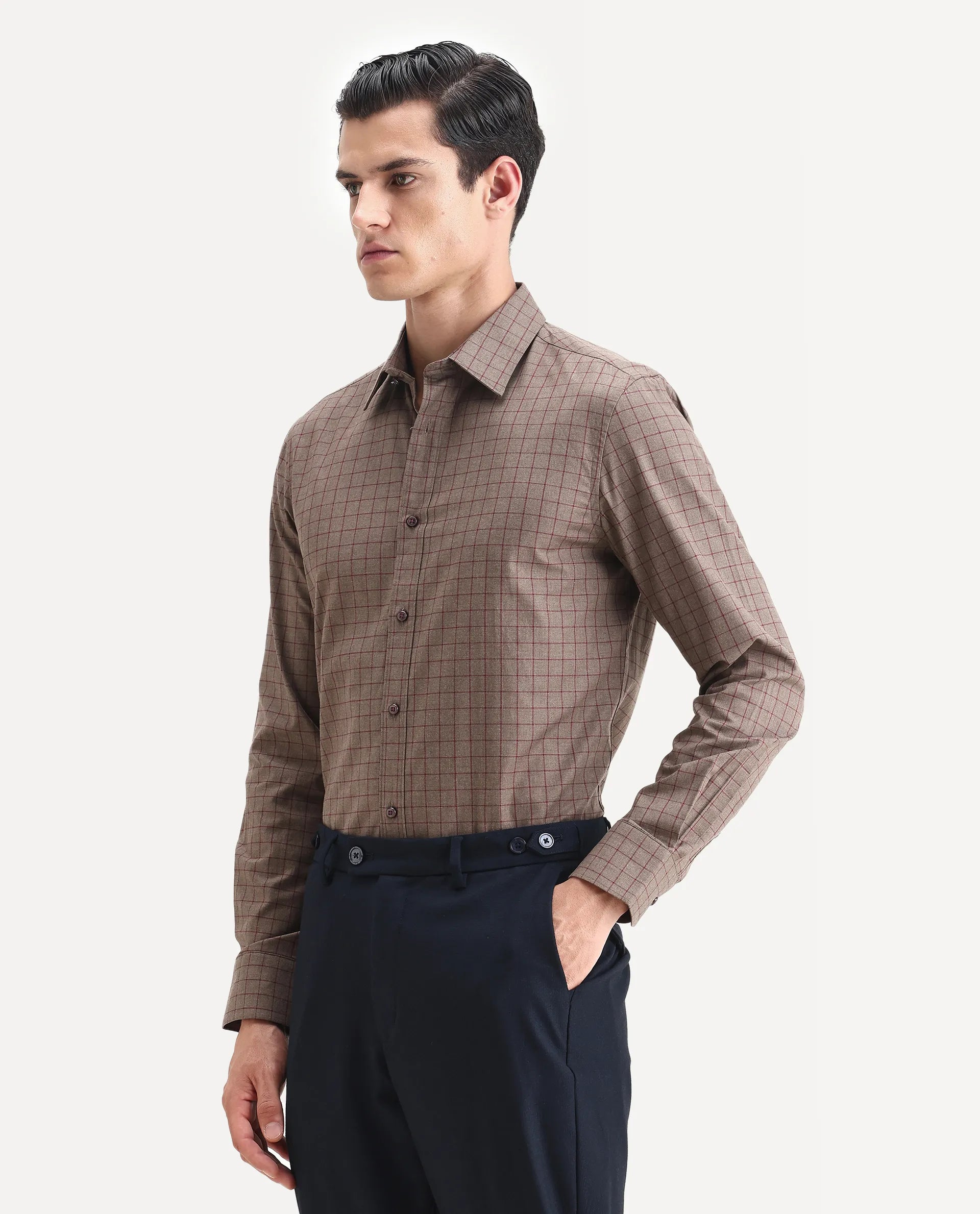 Rare Rabbit Men's Bronz Brown Cotton Checked Print Regular Fit Full Sleeve Collared Shirt