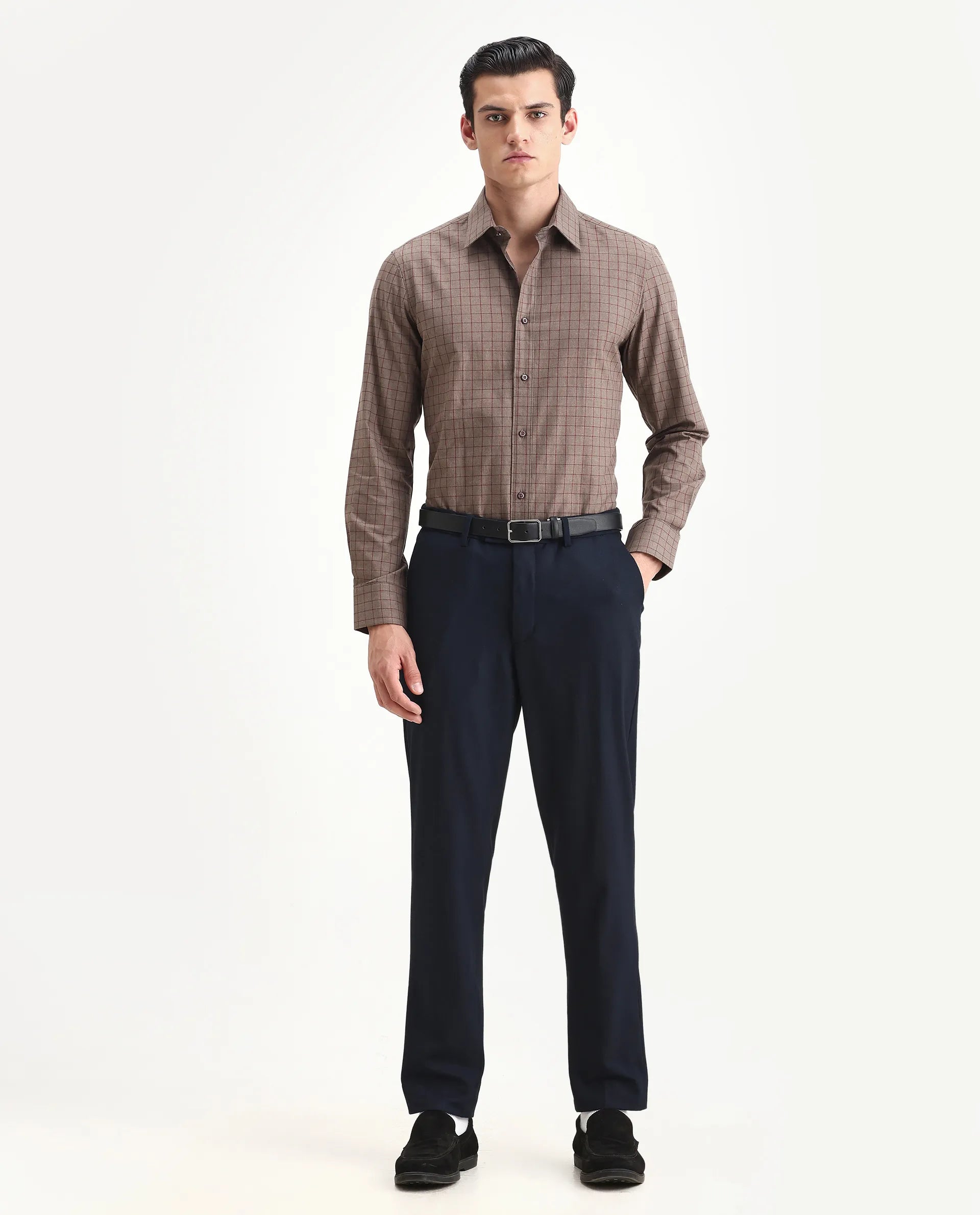 Rare Rabbit Men's Bronz Brown Cotton Checked Print Regular Fit Full Sleeve Collared Shirt