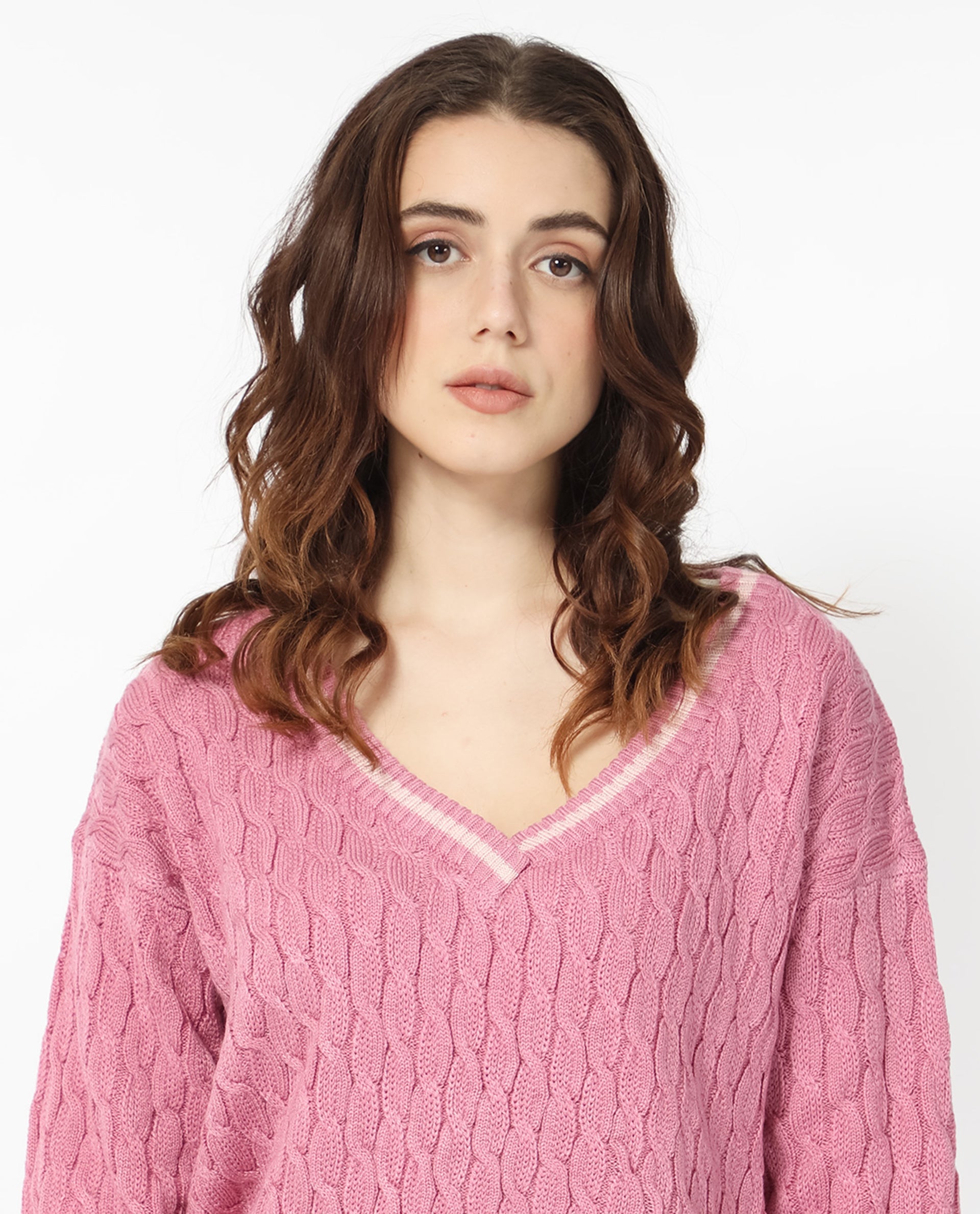 Rareism Women Broun Dusky Pink Acrylic Fabric Full Sleeves V-Neck Relaxed Fit Plain Sweater