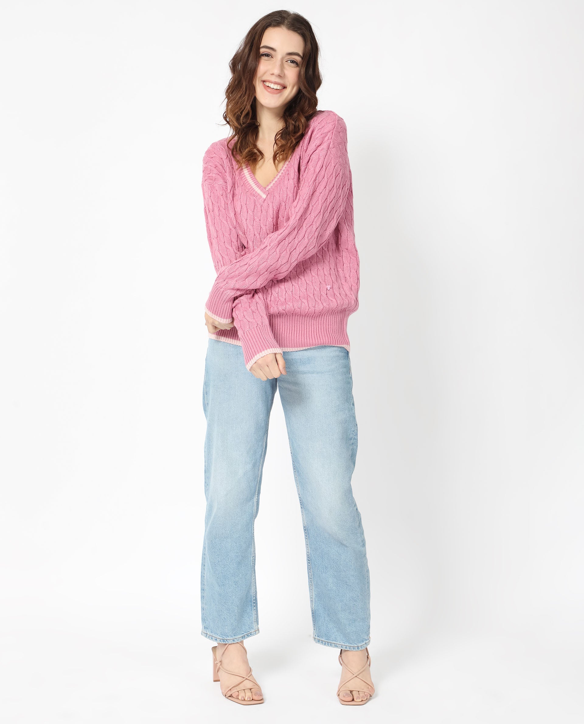 Rareism Women Broun Dusky Pink Acrylic Fabric Full Sleeves V-Neck Relaxed Fit Plain Sweater