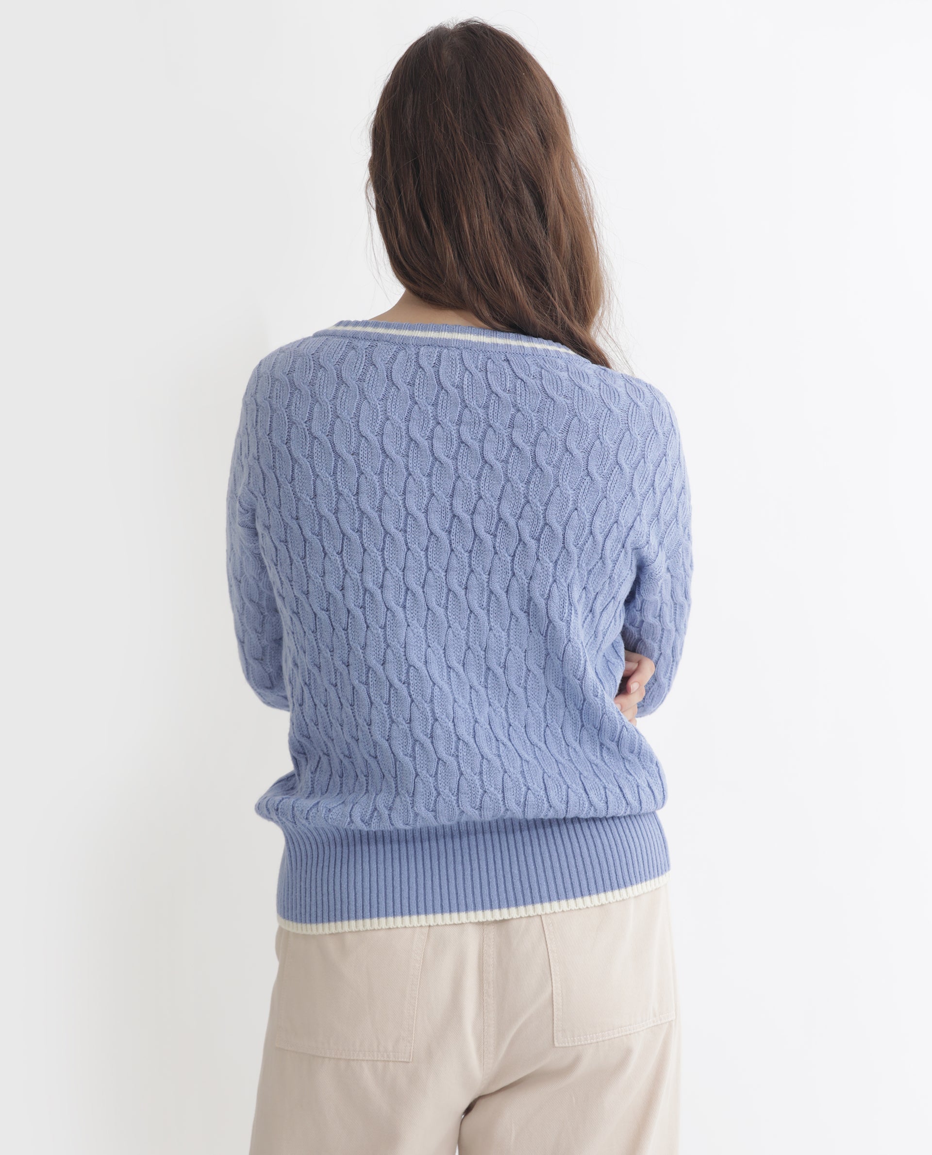 Rareism Women Broun Light Blue Acrylic Fabric Full Sleeves Relaxed Fit Solid V-Neck Sweater