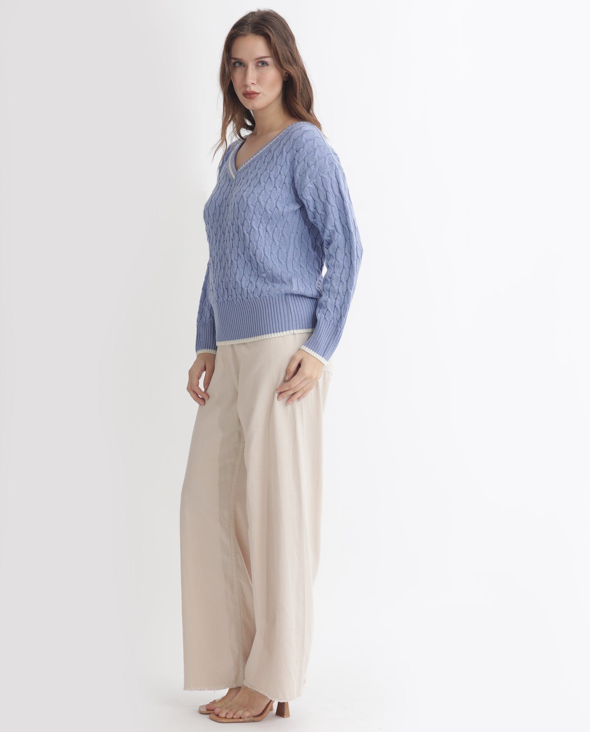 Rareism Women Broun Light Blue Acrylic Fabric Full Sleeves Relaxed Fit Solid V-Neck Sweater