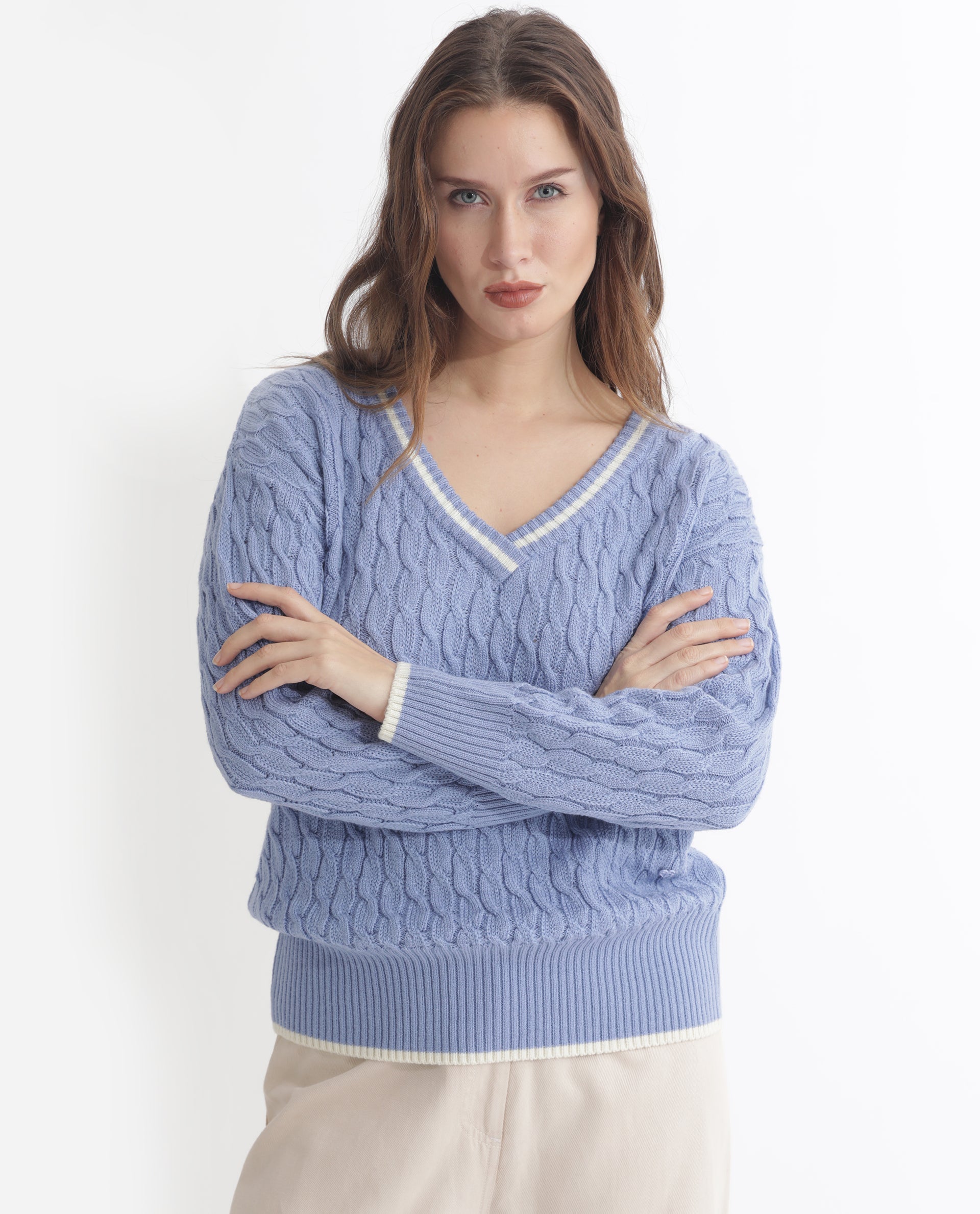 Rareism Women Broun Light Blue Acrylic Fabric Full Sleeves Relaxed Fit Solid V-Neck Sweater