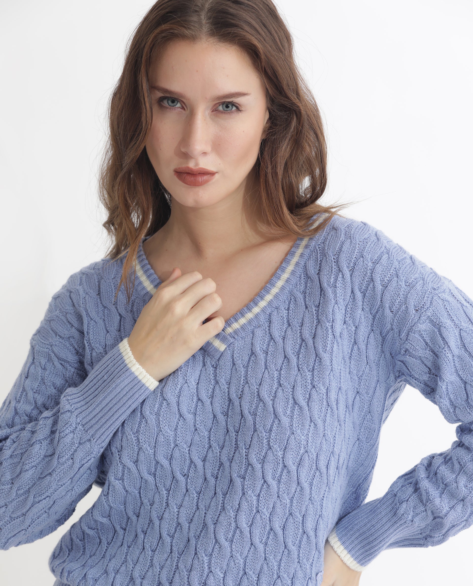 Rareism Women Broun Light Blue Acrylic Fabric Full Sleeves Relaxed Fit Solid V-Neck Sweater