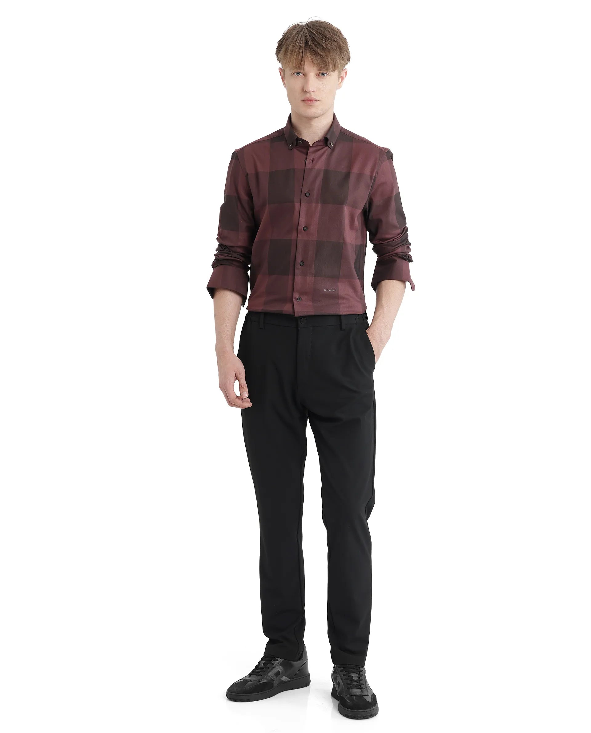 Rare Rabbit Men Bruce Maroon Cotton Polyester Fabric Full Sleeves Collared Neck Button Closure Plain Shirt