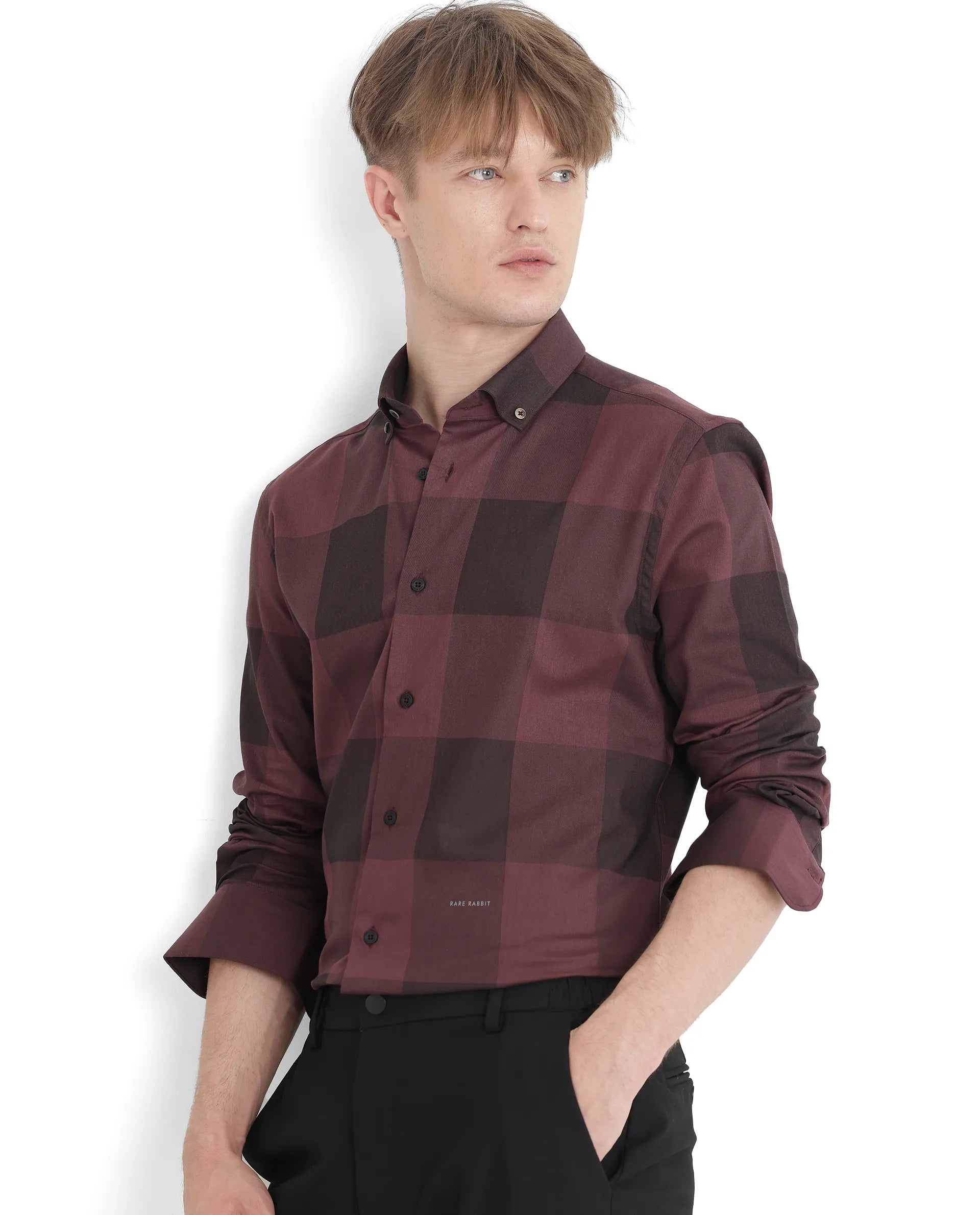 Rare Rabbit Men Bruce Maroon Cotton Polyester Fabric Full Sleeves Collared Neck Button Closure Plain Shirt