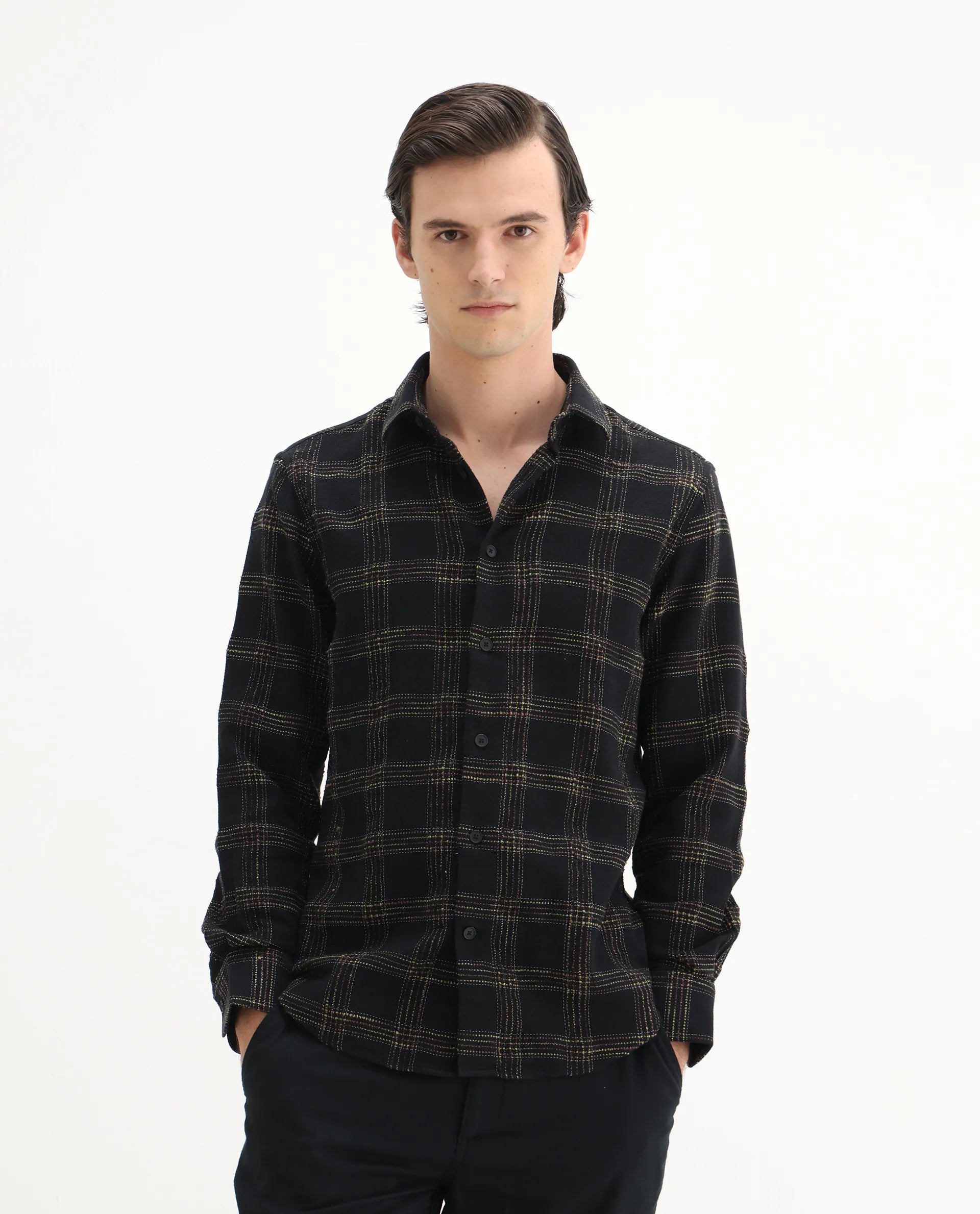 Rare Rabbit Men's Brule Black Polyester Blend Checked Print Regular Fit Full Sleeve Collared Shirt
