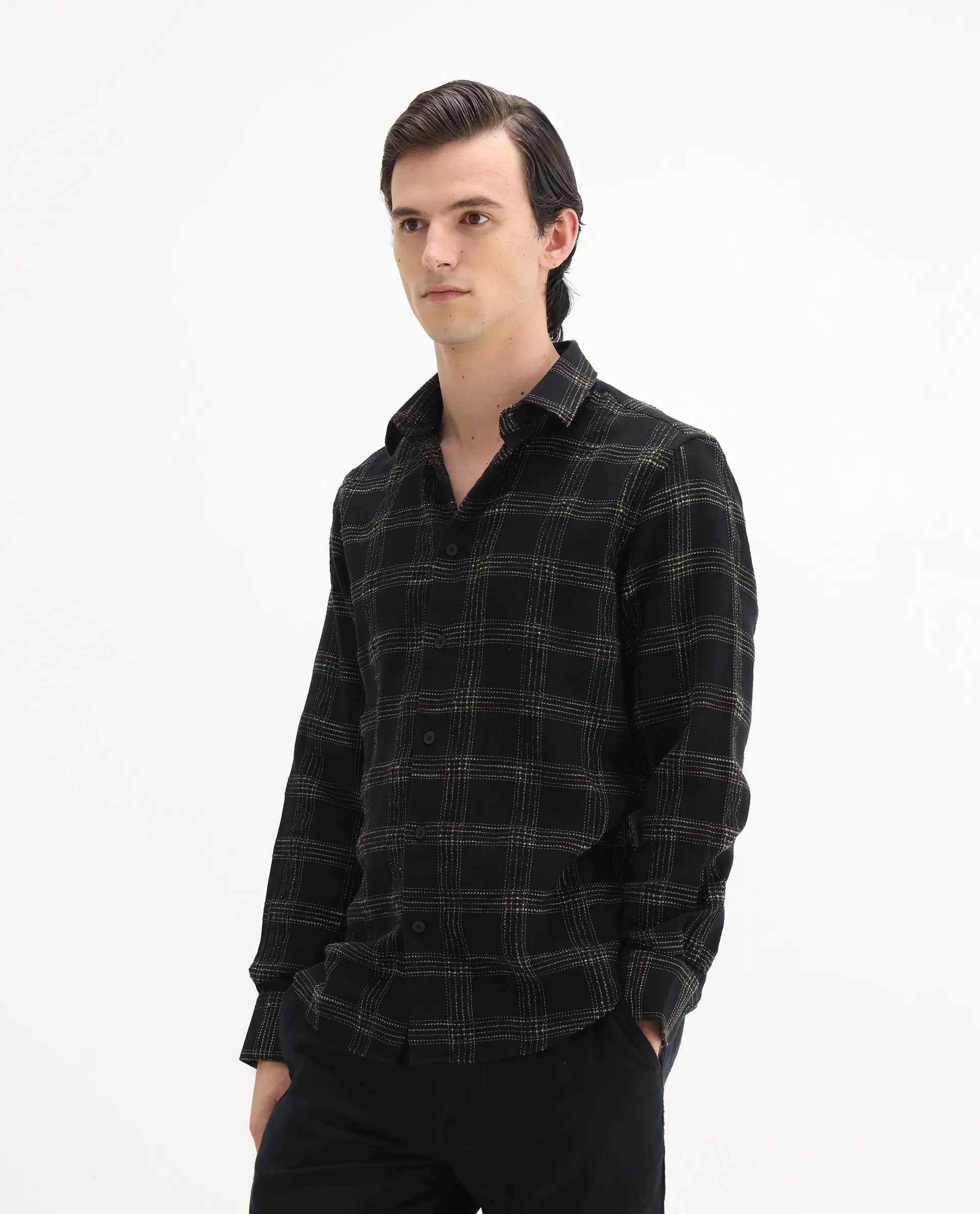 Rare Rabbit Men's Brule Black Polyester Blend Checked Print Regular Fit Full Sleeve Collared Shirt