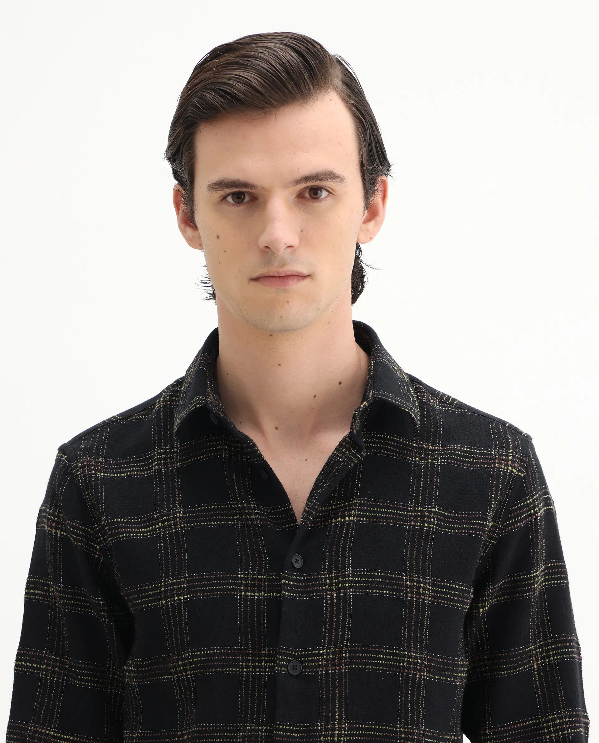 Rare Rabbit Men's Brule Black Polyester Blend Checked Print Regular Fit Full Sleeve Collared Shirt
