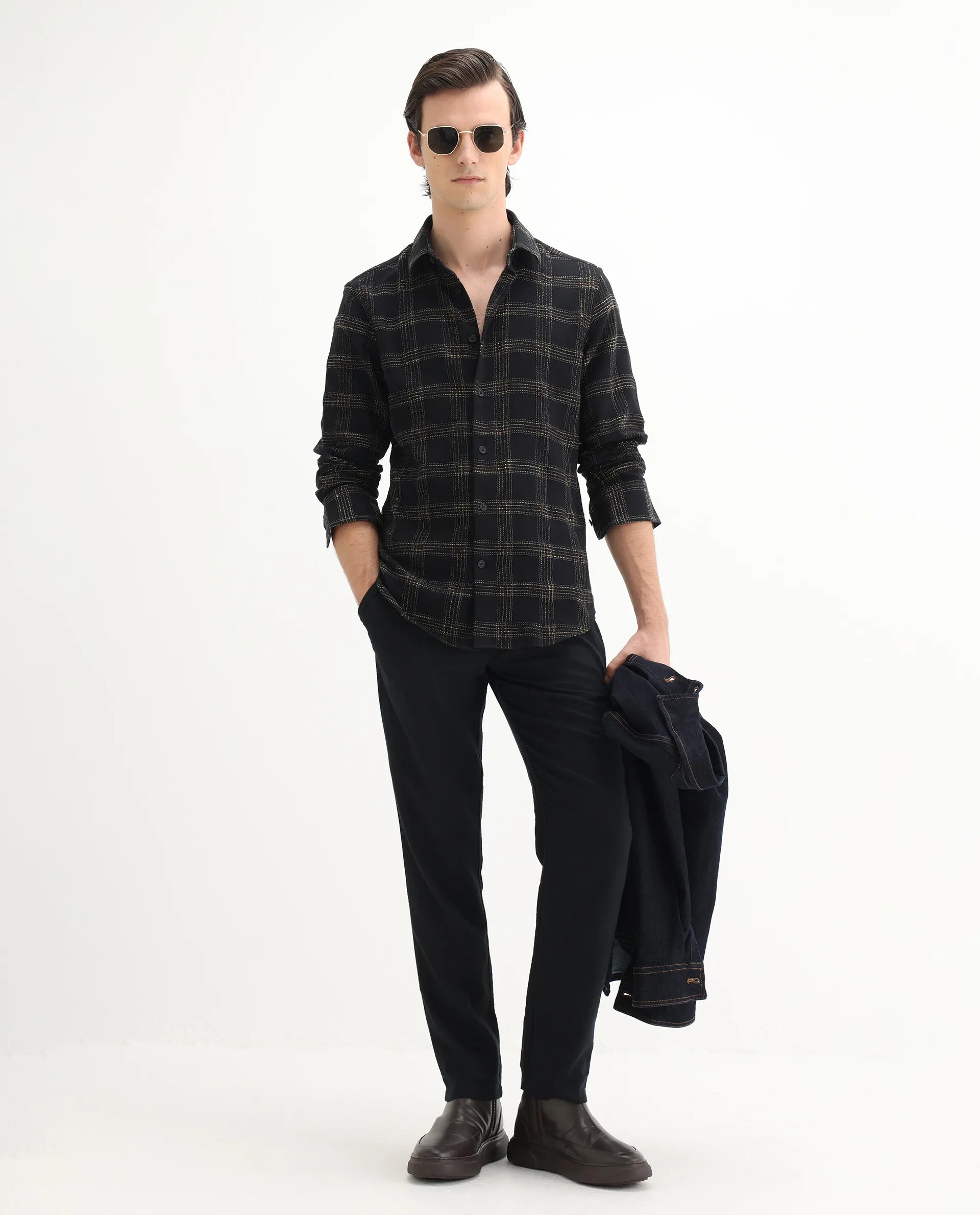 Rare Rabbit Men's Brule Black Polyester Blend Checked Print Regular Fit Full Sleeve Collared Shirt