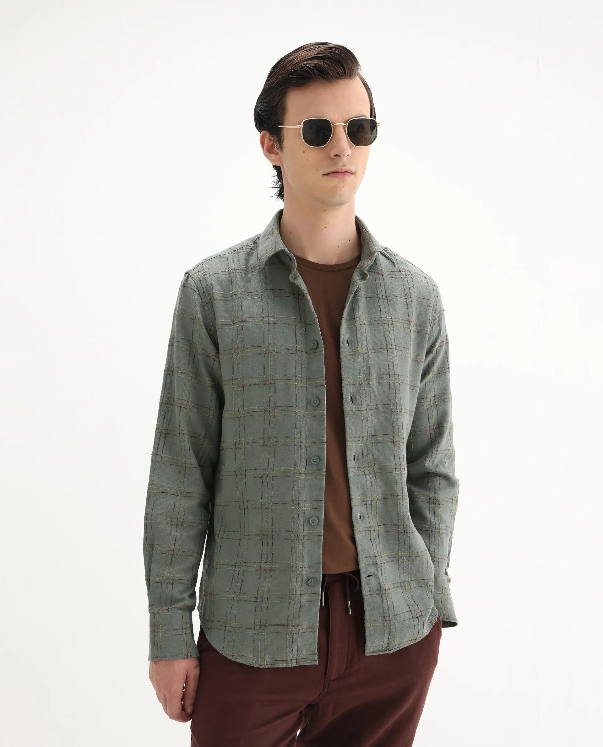 Rare Rabbit Men's Brule Green Polyester Blend Checked Print Regular Fit Full Sleeve Collared Shirt