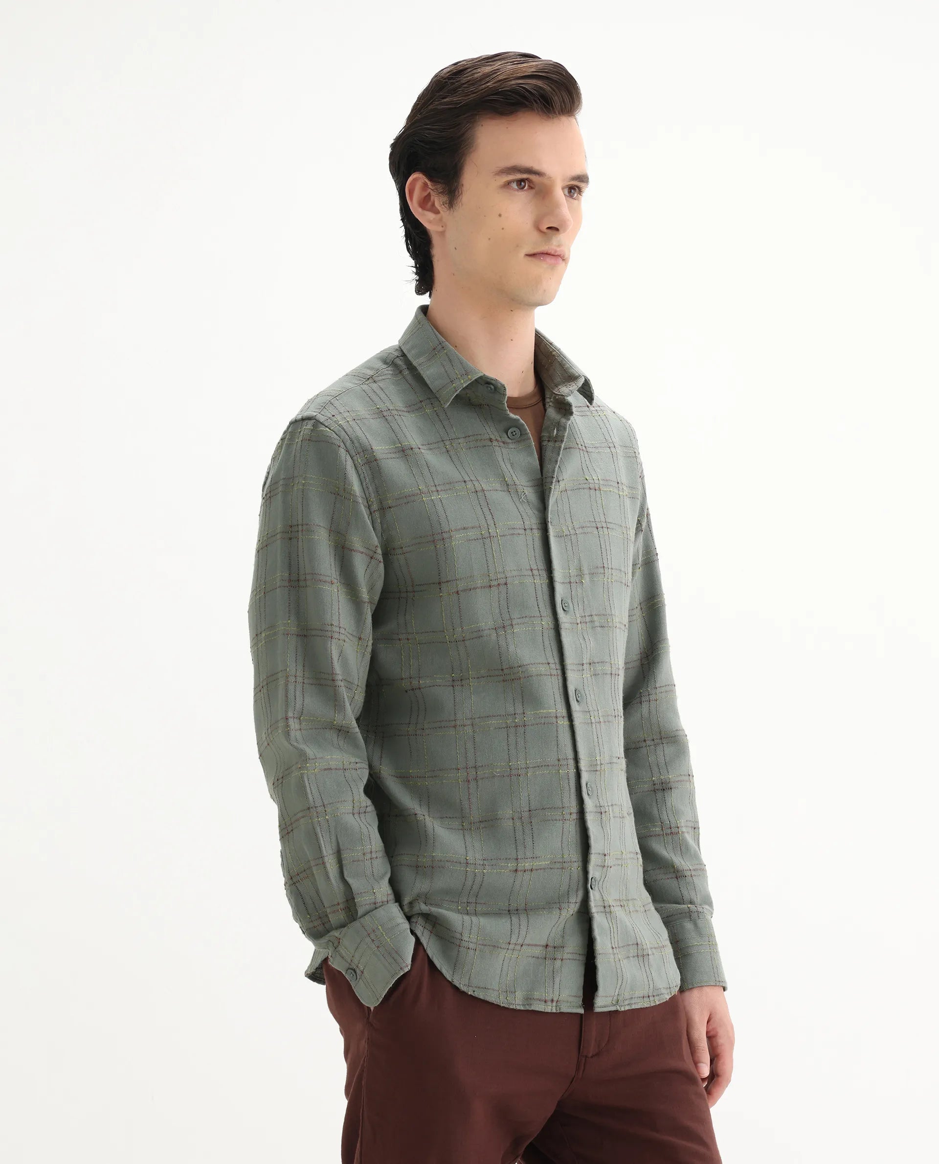 Rare Rabbit Men's Brule Green Polyester Blend Checked Print Regular Fit Full Sleeve Collared Shirt
